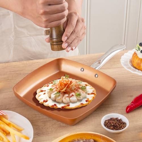 Non-Stick Copper Square Frying Pan, 9.5″ Chef Skillet with Ceramic 9.5 Inch