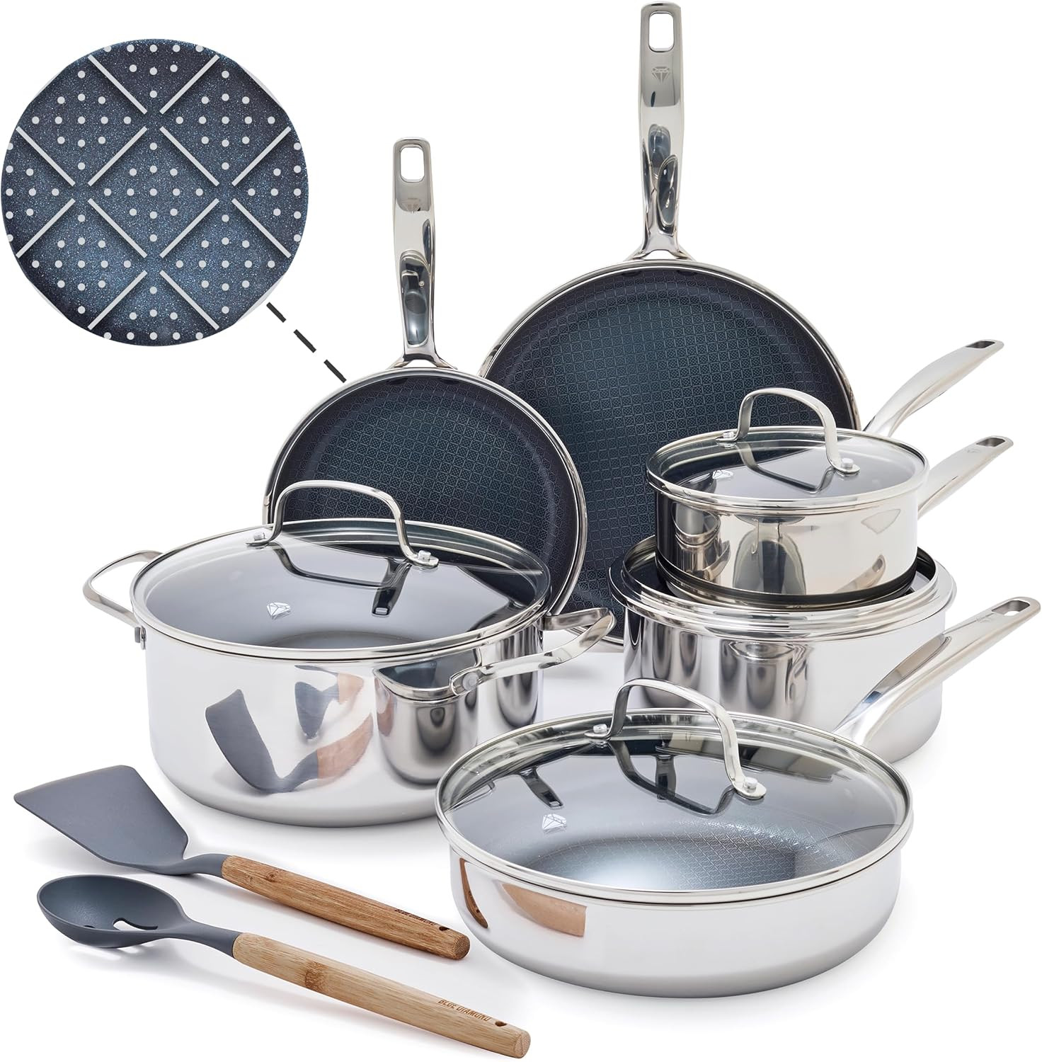 Blue Diamond Hybrid Nonstick Stainless Steel 12 Piece Cookware Set, Tri-Ply Pfas