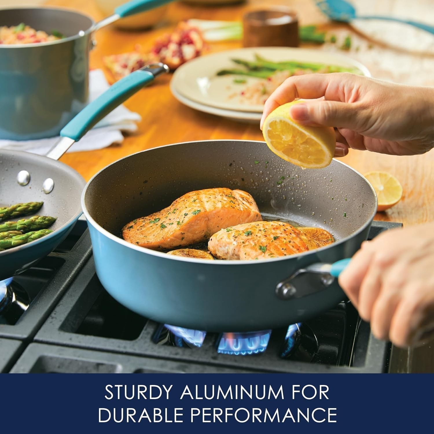 Rachel Ray’s Kitchen Cucina Nonstick Cookware Pots/Pans 12 Piece Set Agave Blue.