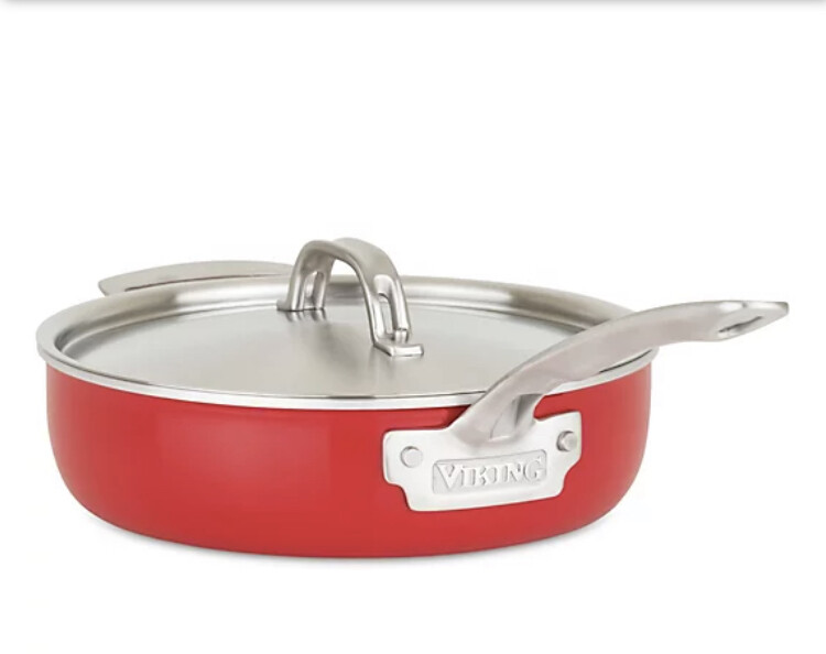 Viking 3.5-qt saute pan with helper handle and with stainless steel lid. Red