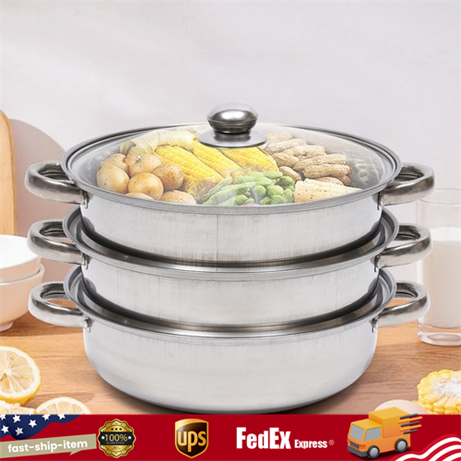 3 Tier Stainless Steel Steam Cooker Steamer Set Pan Cook Pot with Glass Lid USA