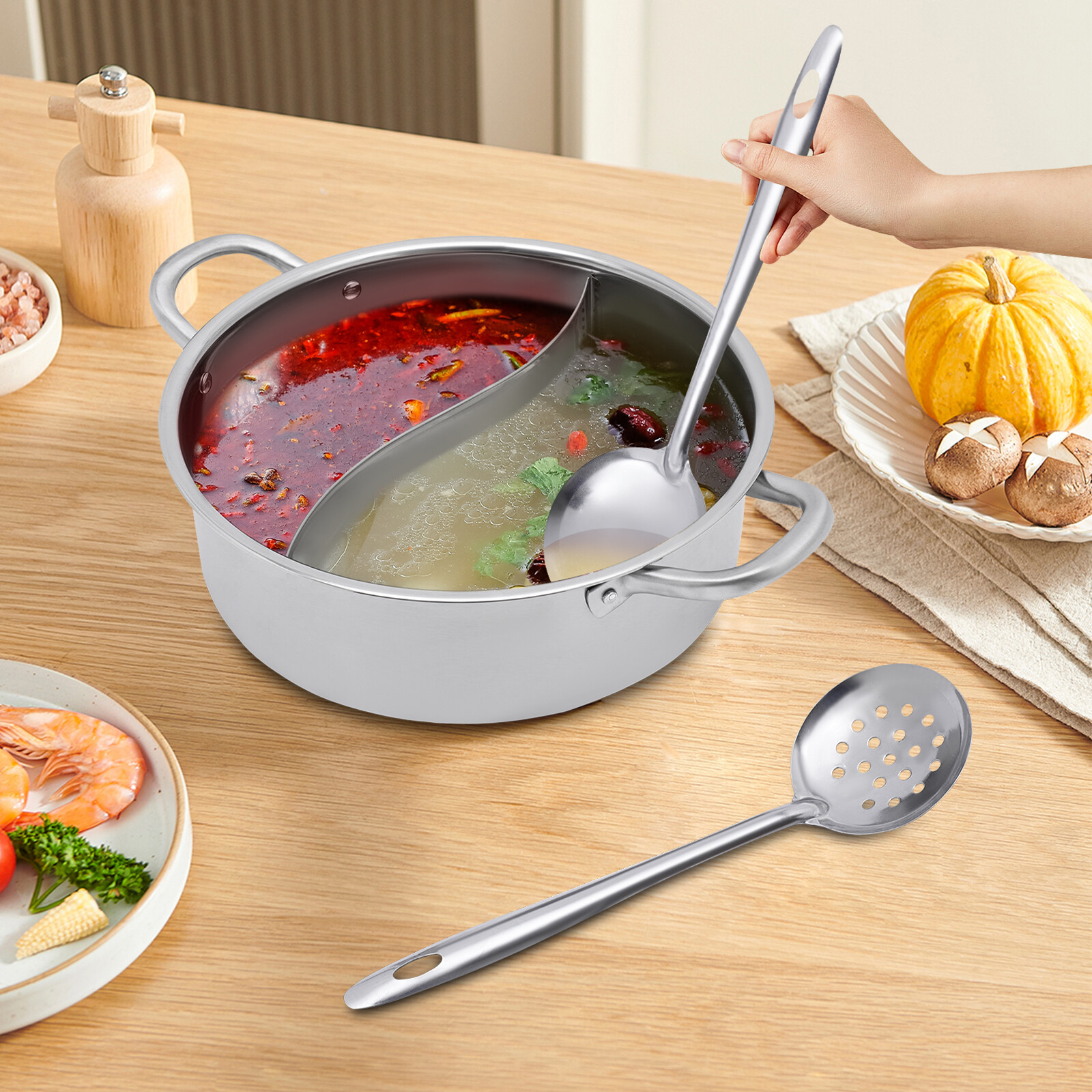 304 Stainless Steel Shabu Shabu Hot Pot with Divider , Lid , Spoon , Leaky Spoon