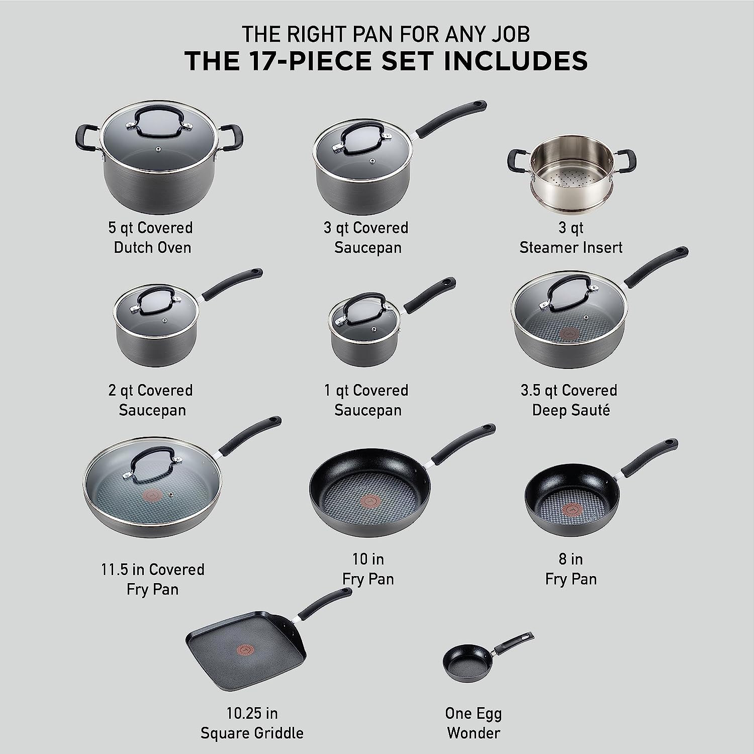17-Piece Hard Anodized Nonstick Cookware Set – Dishwasher Safe, Black