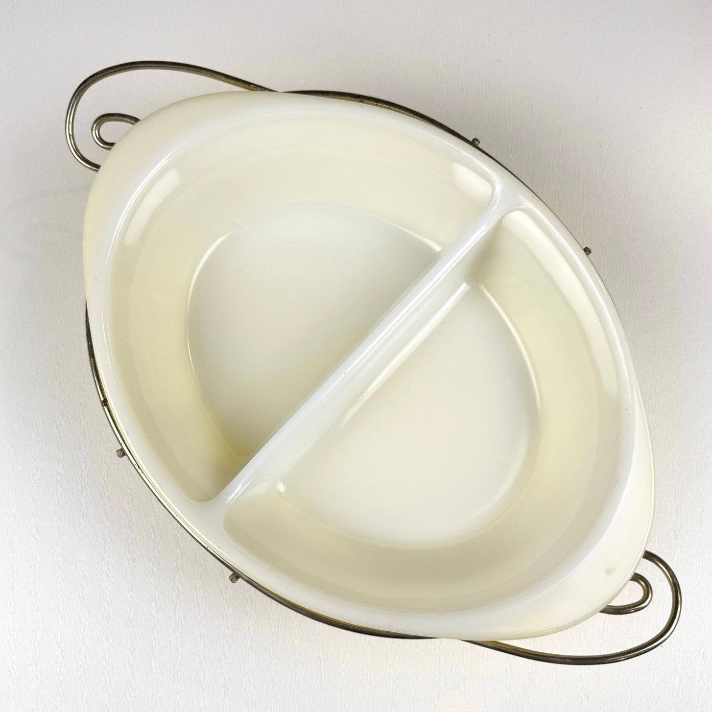 Vintage Glasbake yellow wheat divided casserole dish metal cradle 1960s