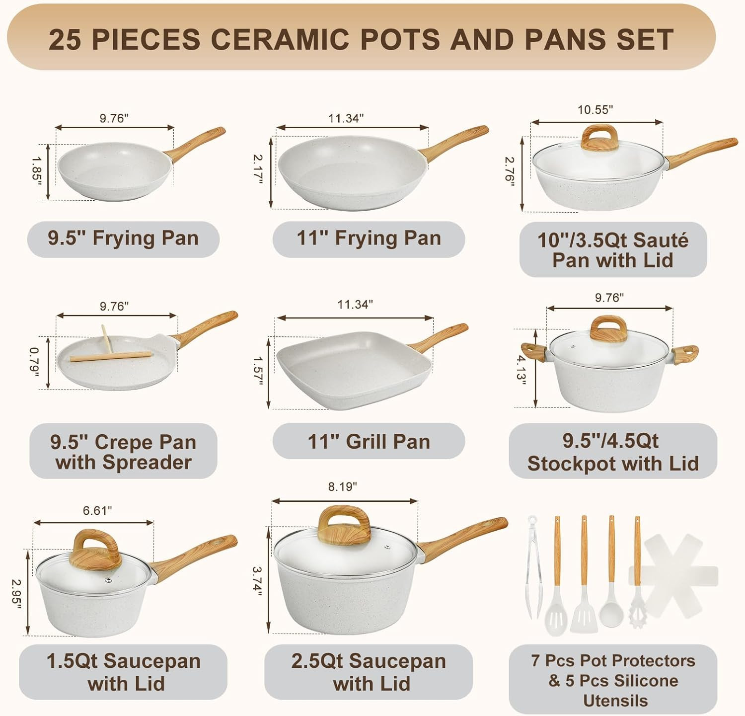 25 Pcs Nonstick Ceramic Cookware Set, Induction Compatible, Healthy