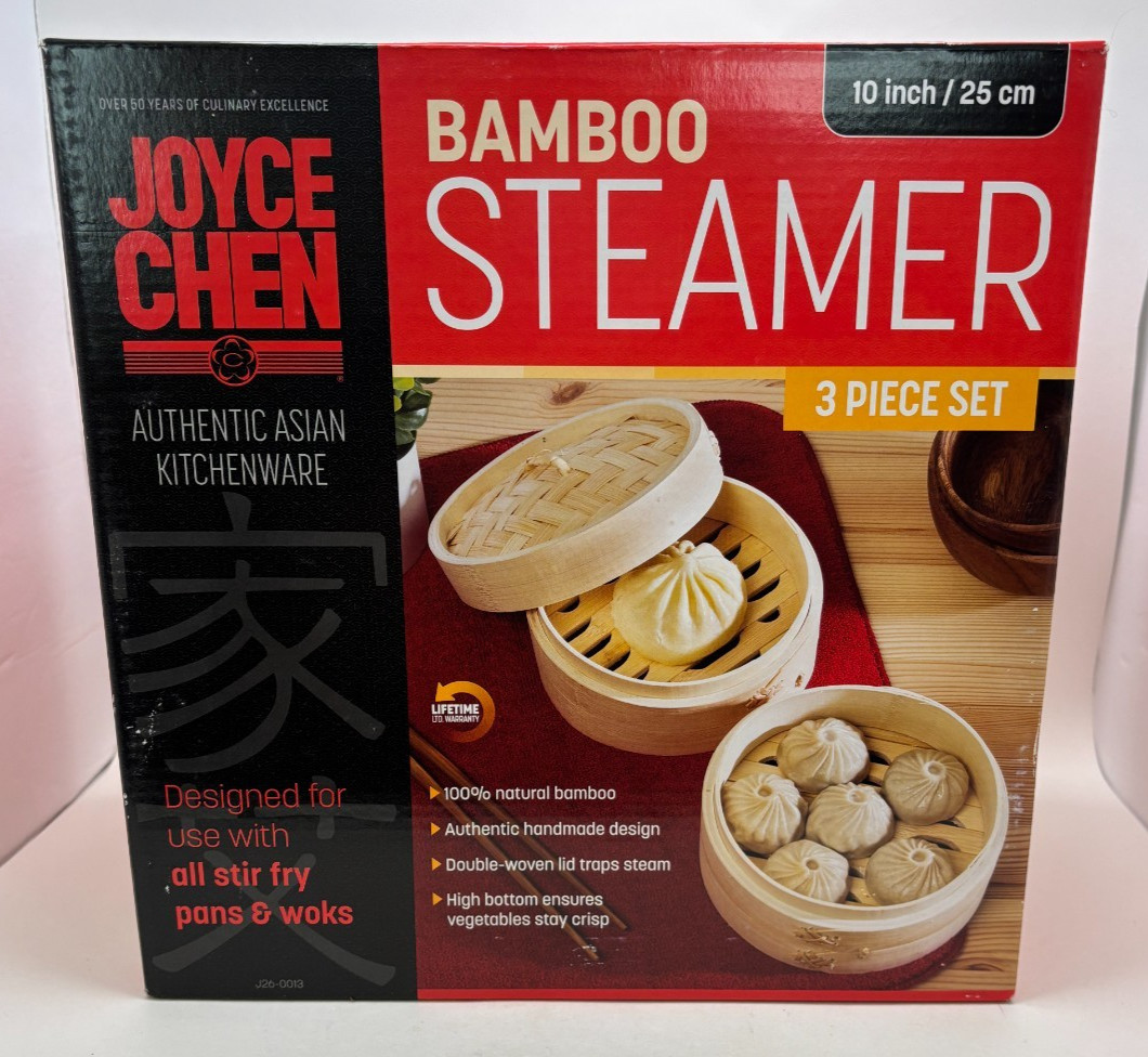 Joyce Chen 10″ Bamboo Steamer 3 Piece Set Asian Kitchenware ** NEW