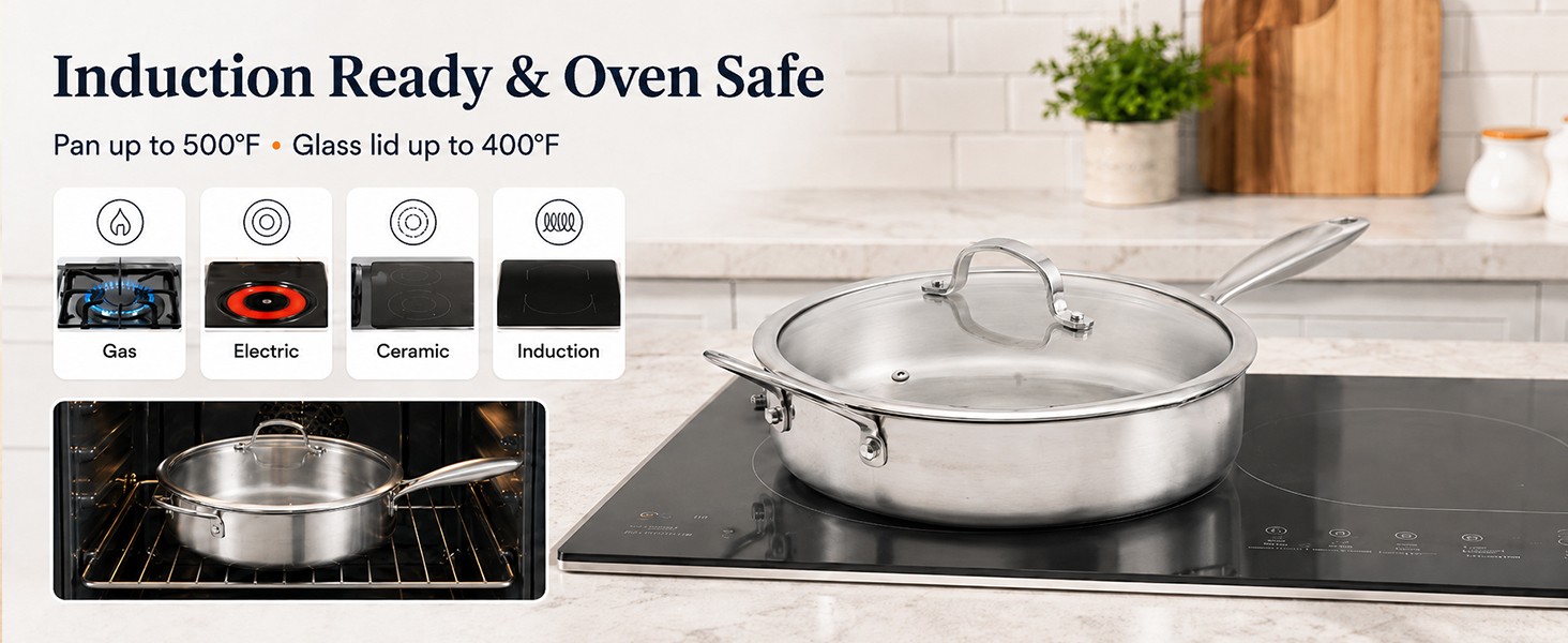 11 Inch Tri-Ply Stainless Steel Saute Pan with Glass Lid, 4.7 QT Deep Skillet