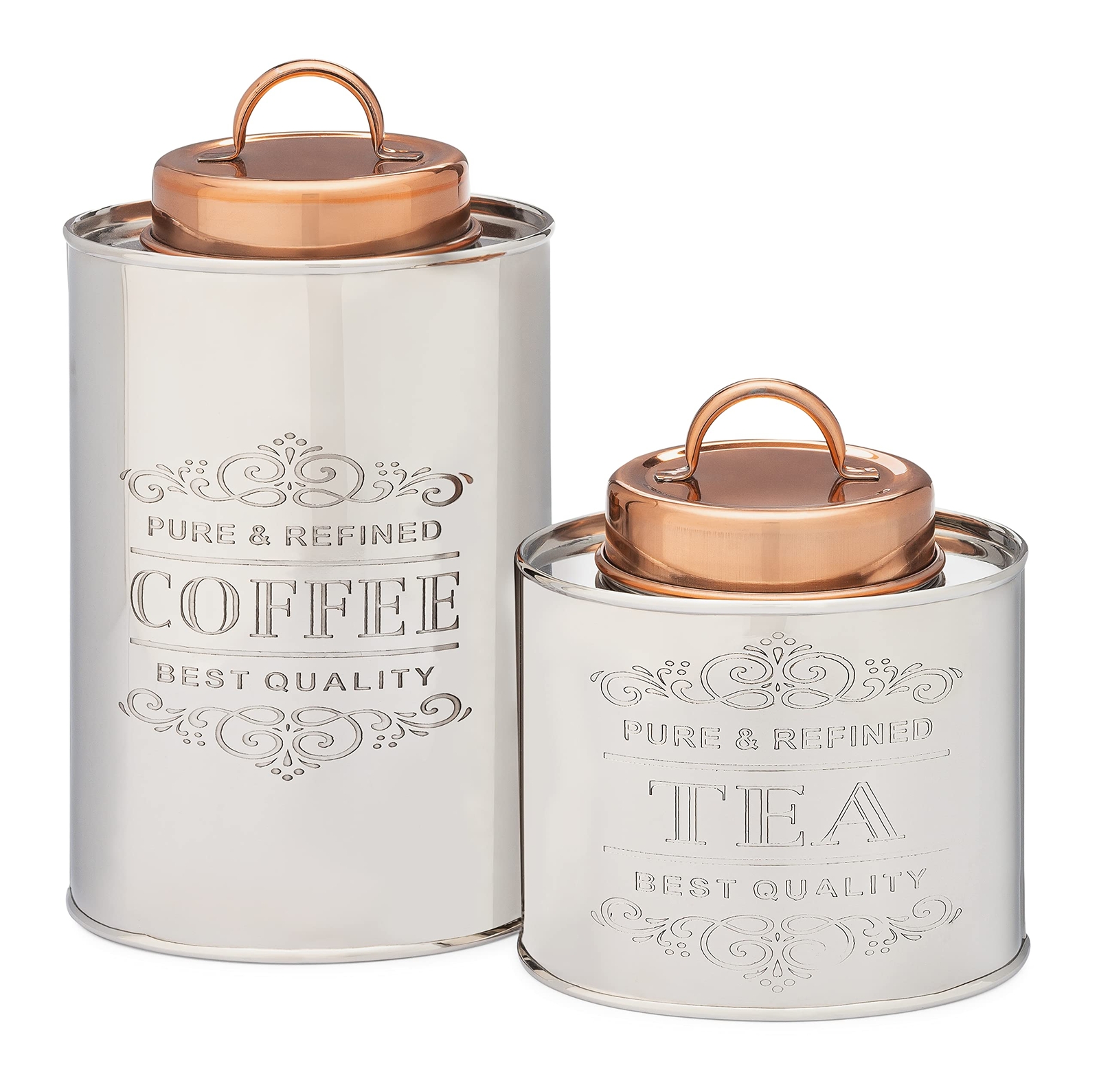 2PC Etched Stainless Steel Canister Set w/copper lid, Tea & Coffee, 1.5 Qt, 1 Qt