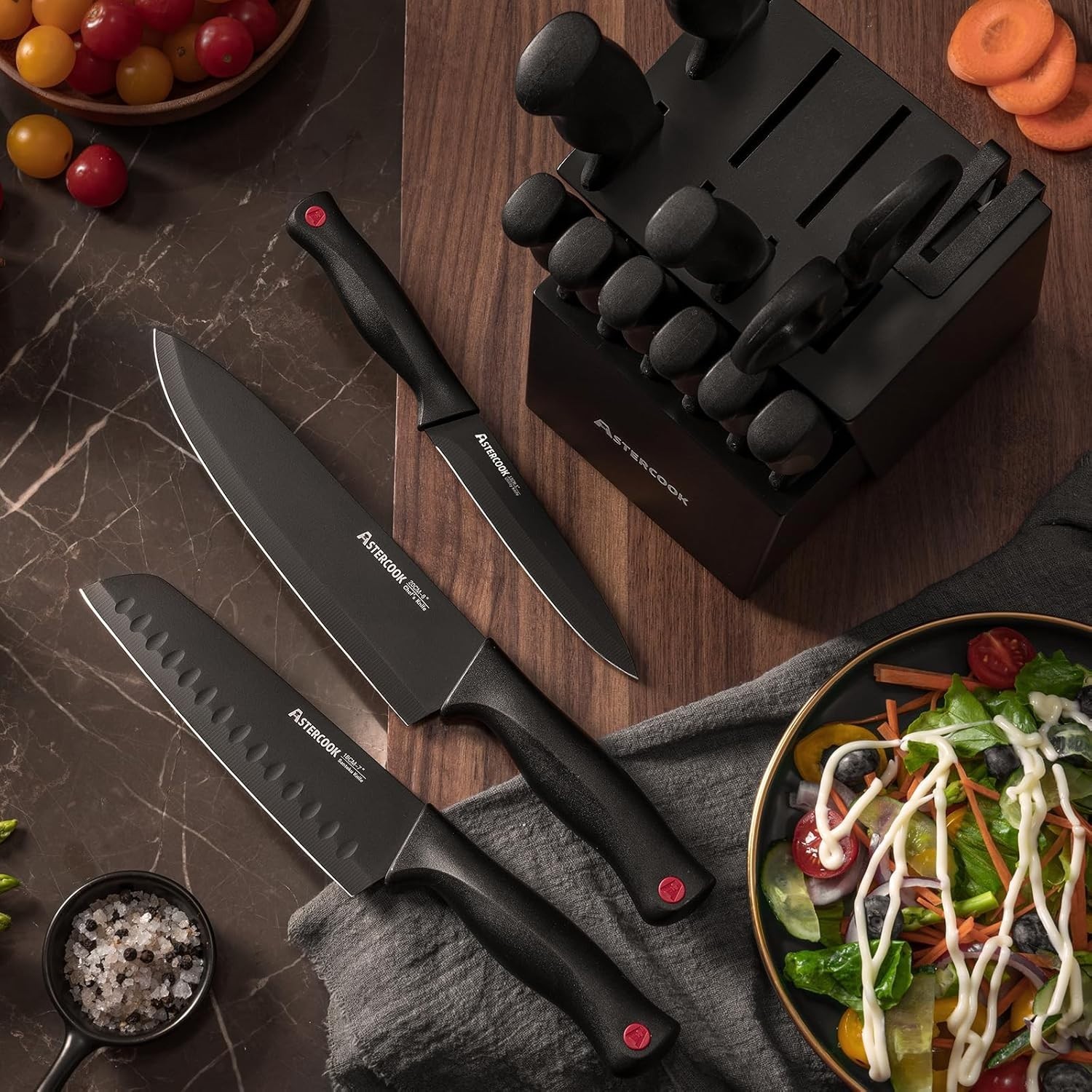 Astercook 15 Piece Kitchen Knife Set with Block Dishwasher Safe