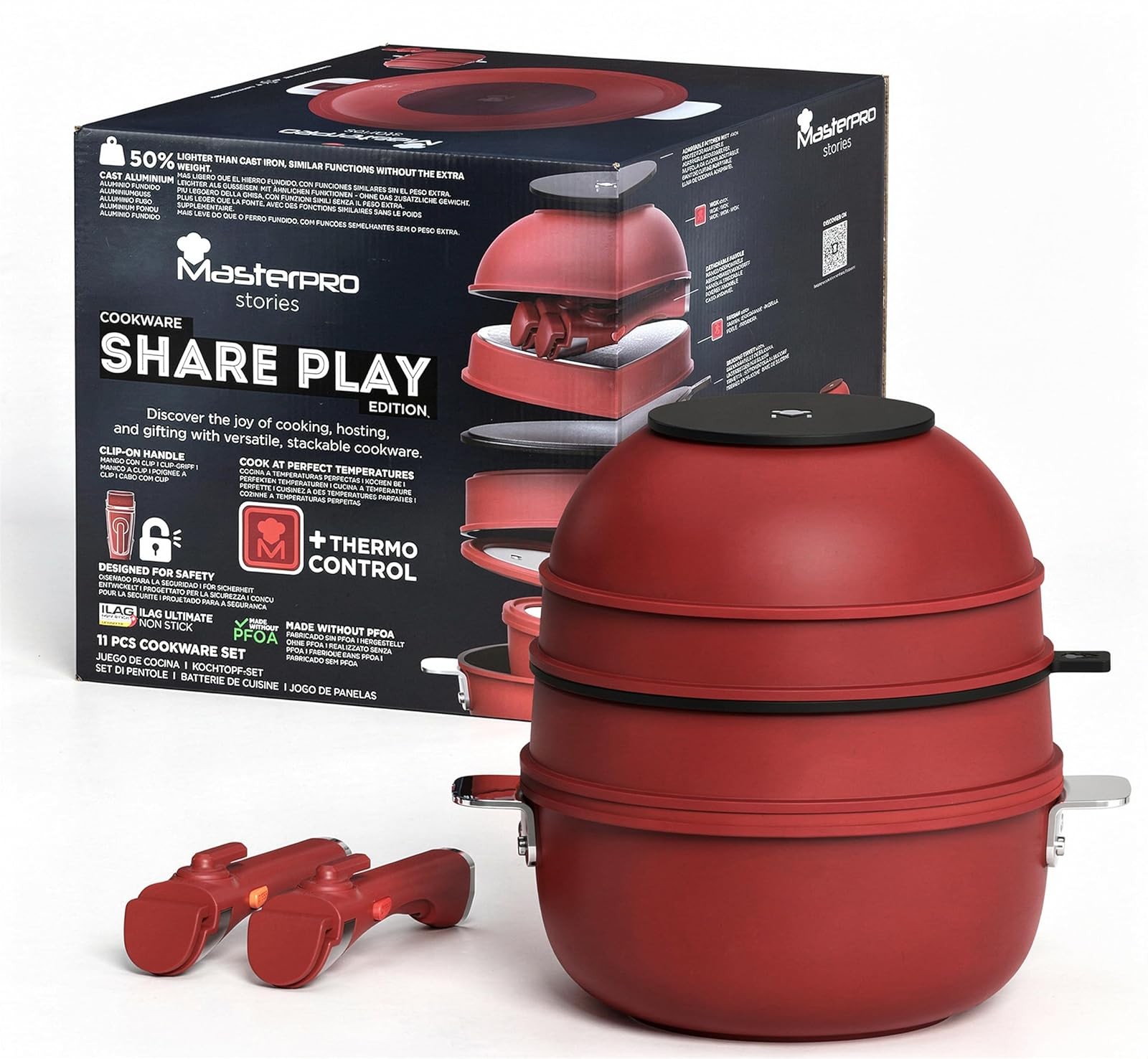 Bergner 11-Piece Non-Stick Cookware Set Detachable Handles Stackable Red