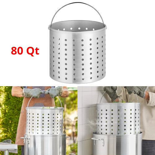 80 Qt. Aluminum Stock Pot Perforated Steamer Basket with Handle Footed Base