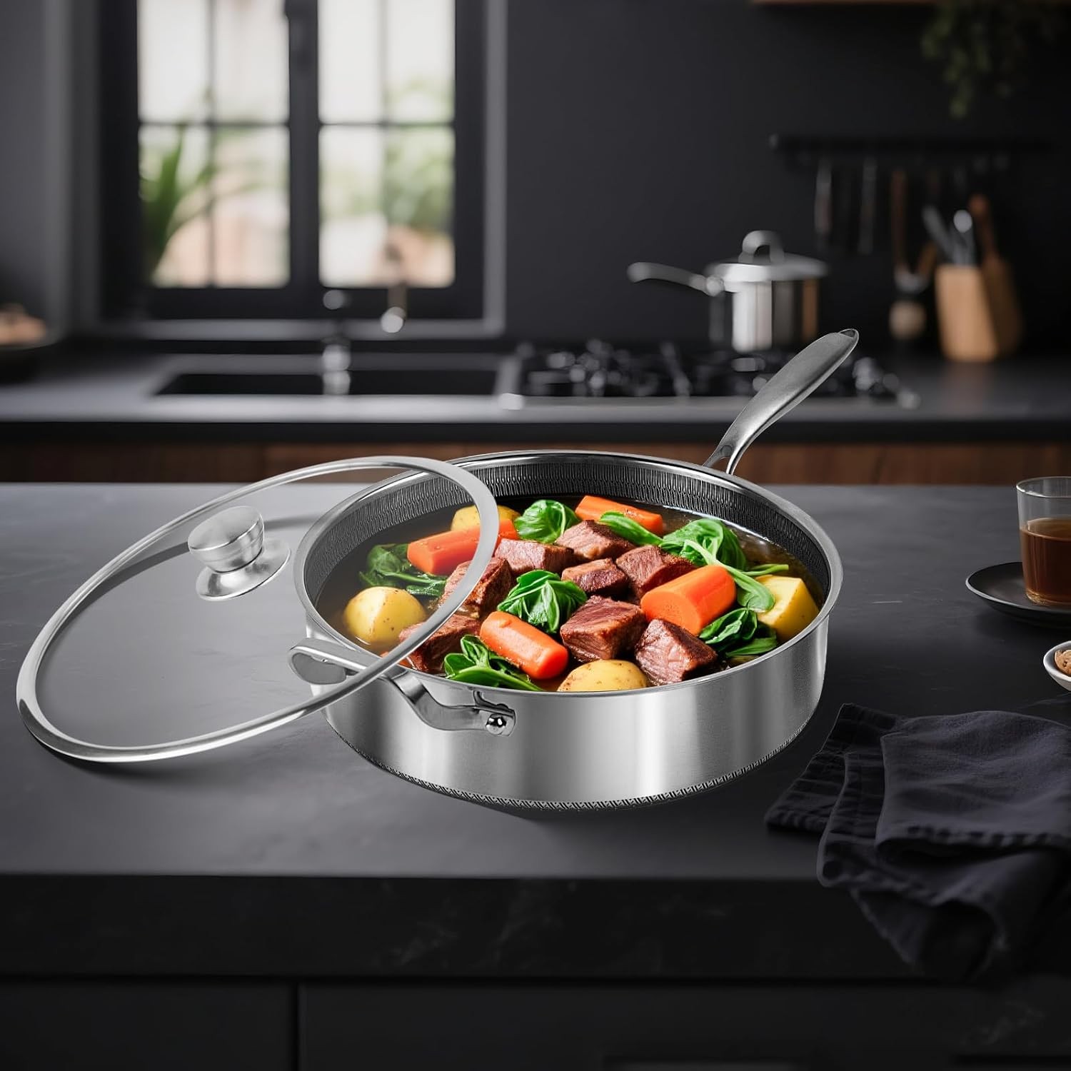 Frying Pans Nonstick wih Lid, Non Stick Tri-Ply Stainless Steel Saute Pan