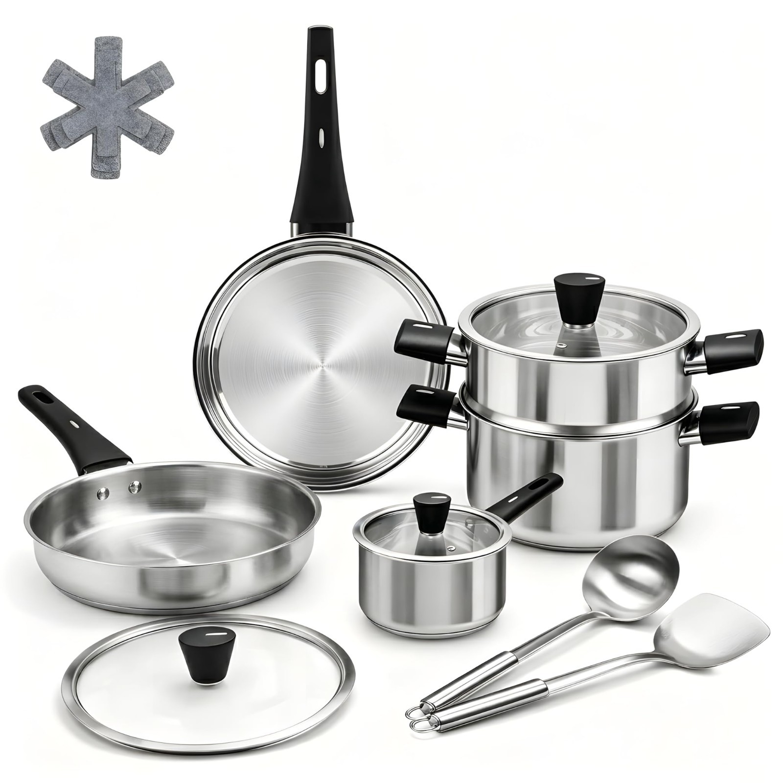 14-Piece Stainless Steel Cookware Set, Non-Toxic Pots & Pans, Dishwasher Safe, S