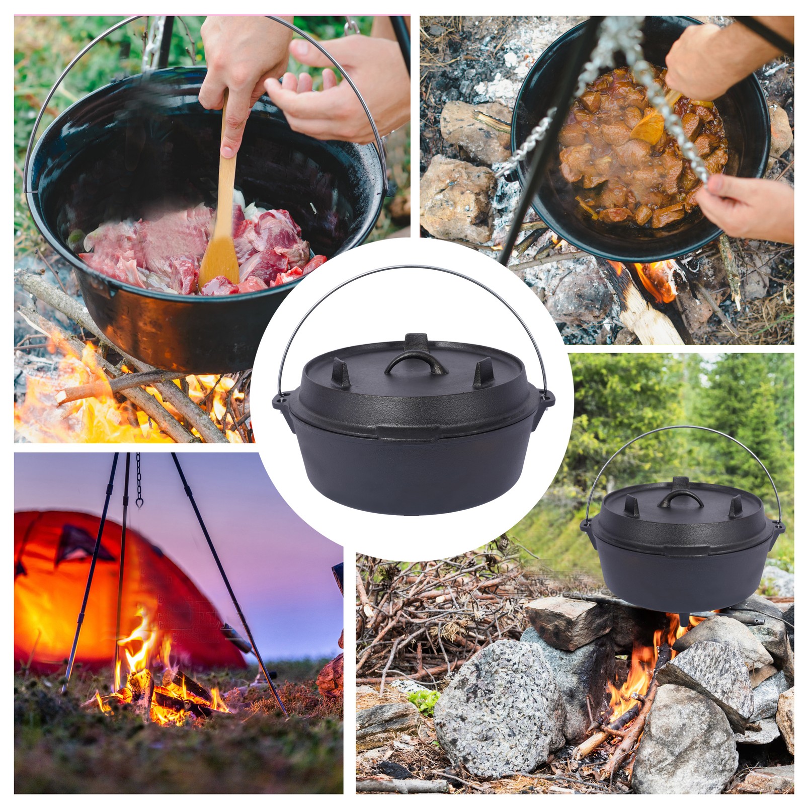 Tileon Dutch Oven12 qt Cast Iron Black Pre-Seasoned Lid Fireplace BBQ Camp Bake