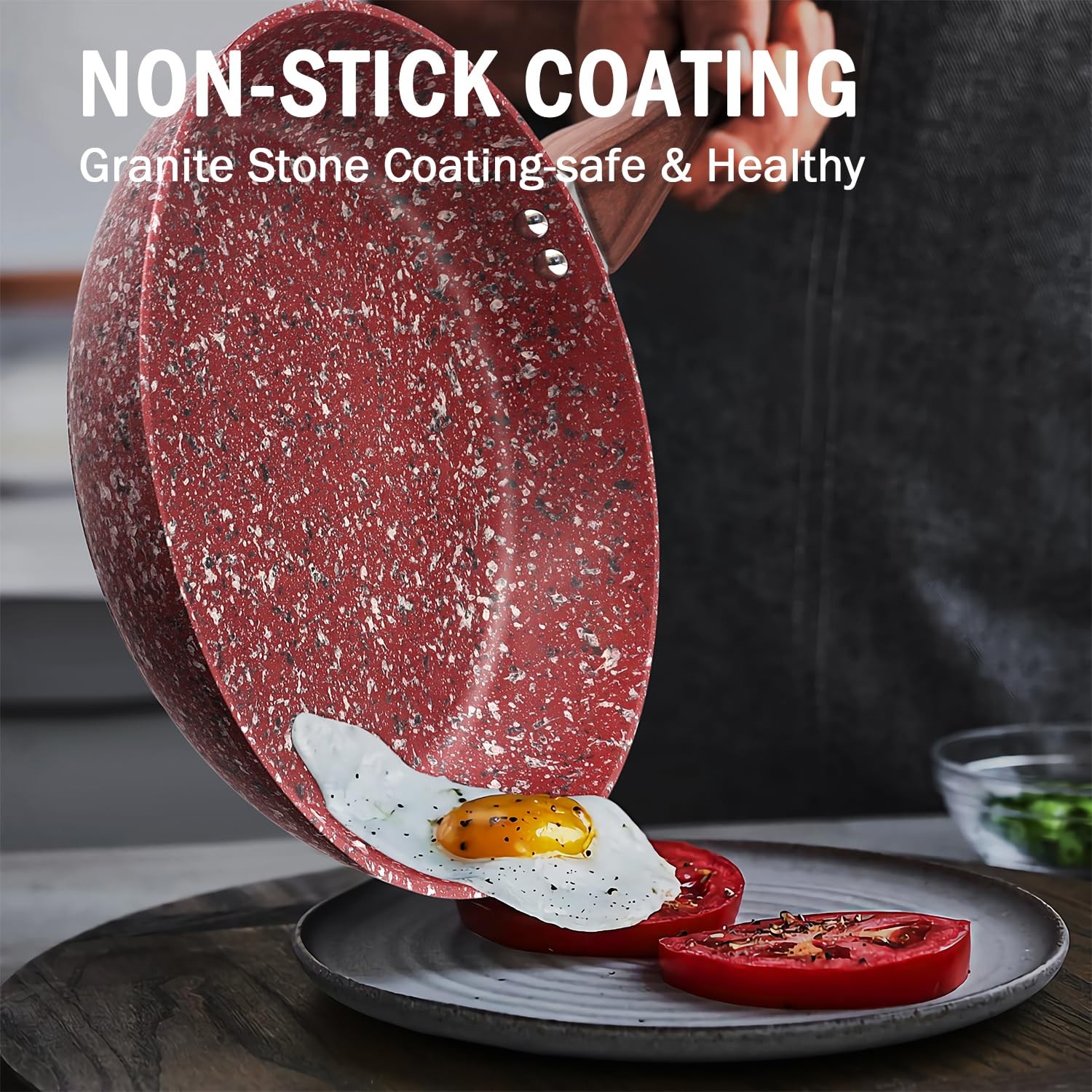 12″ Red Granite Non-Stick Frying Pan with Lid, Classic Pans with Non-Nonstick…