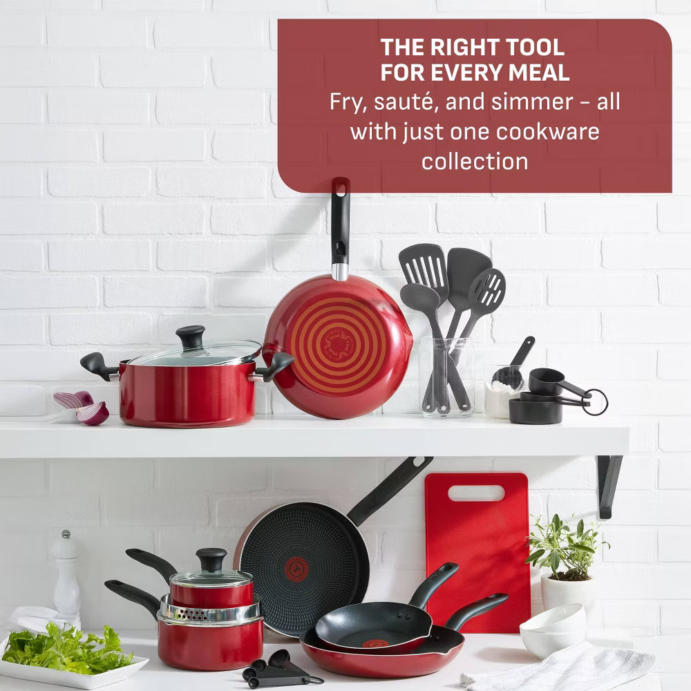 T-Fal 12pc Simply Cook Nonstick Cookware Set Red: Aluminum Ergonomic
