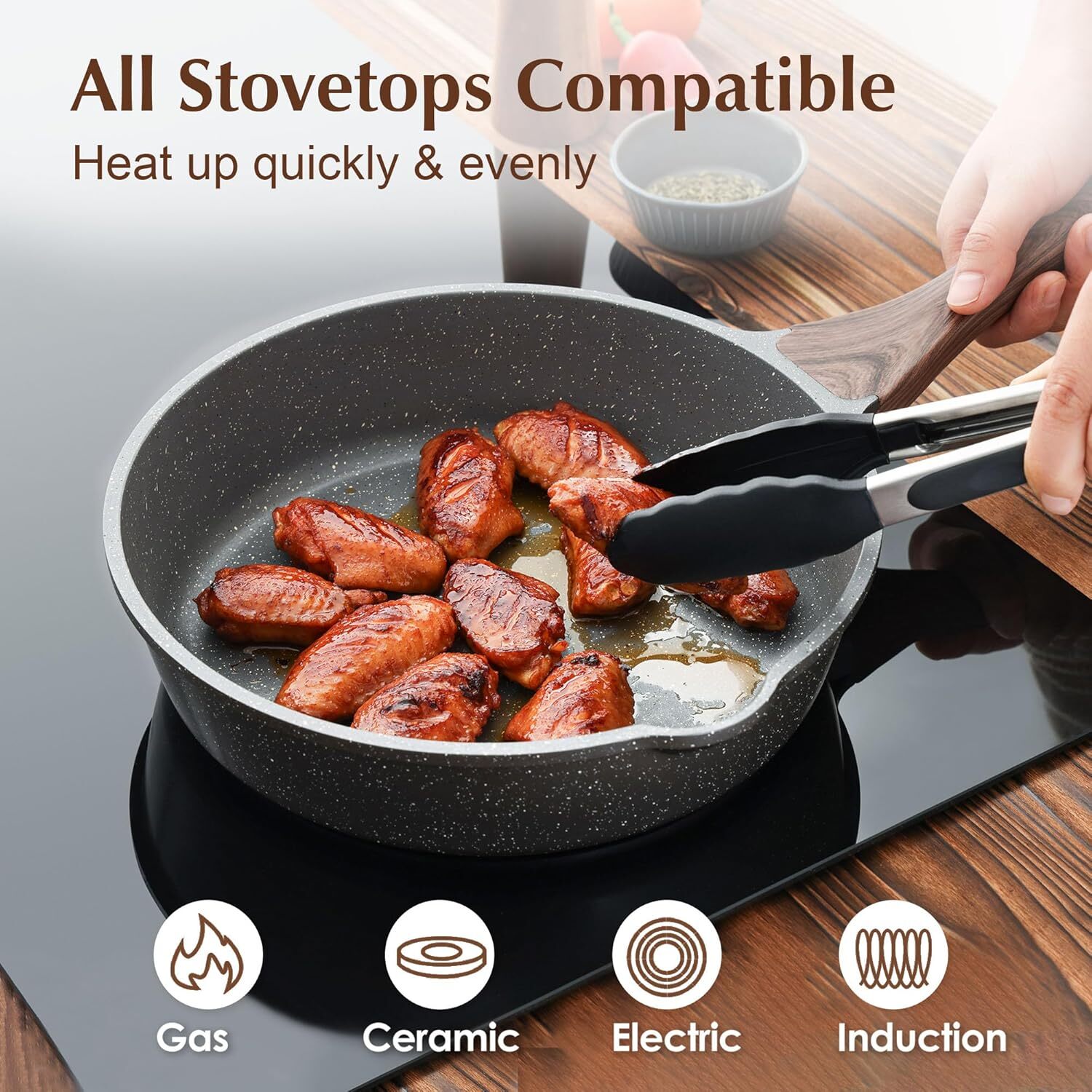 Non-Stick, 10/11/12-Inch Wok with Lid, Non-Scald Handles, Stoneware (10-Inch)