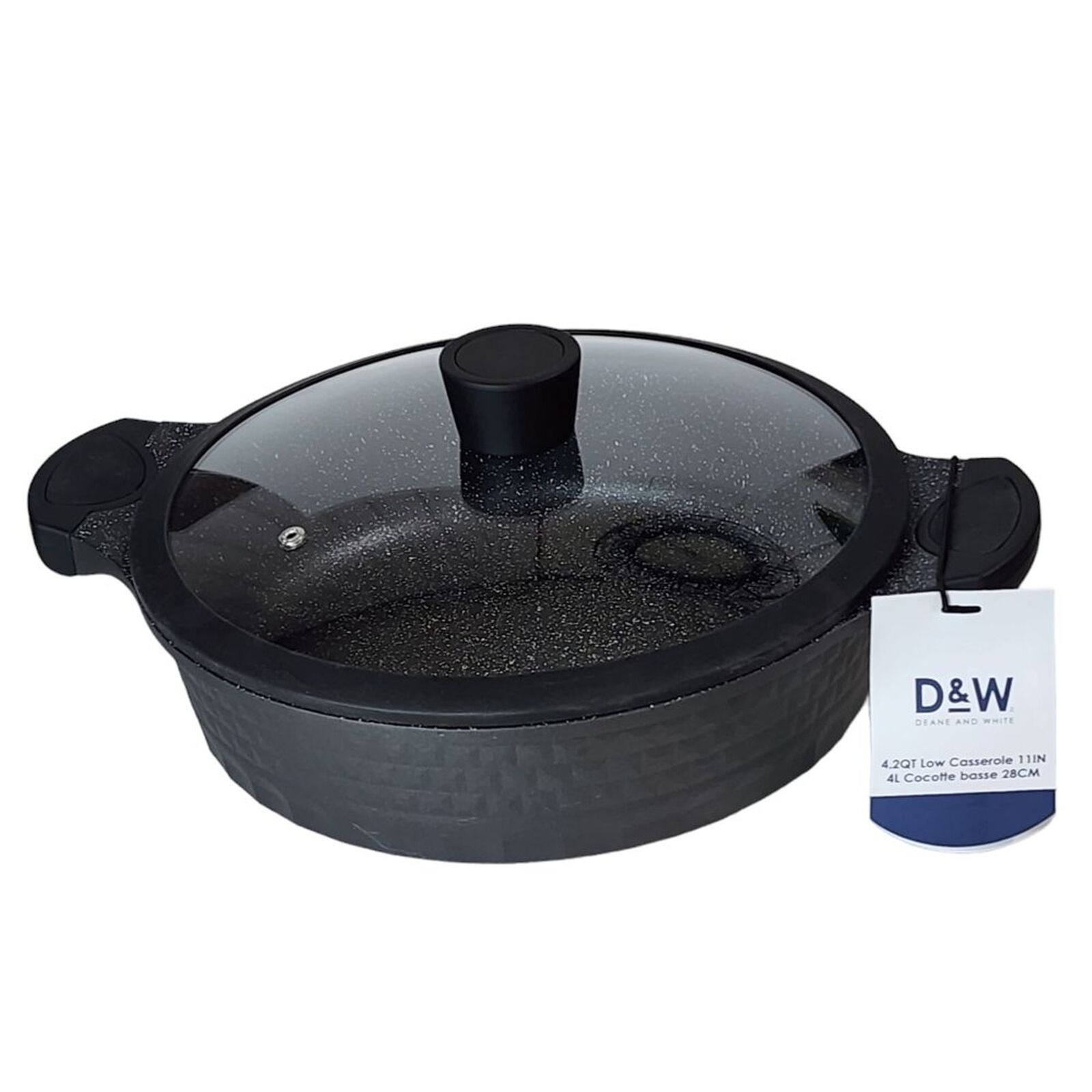 D&W Cookware 11inch Low Casserole Pan With Lid Non Stick 4.2QT Black