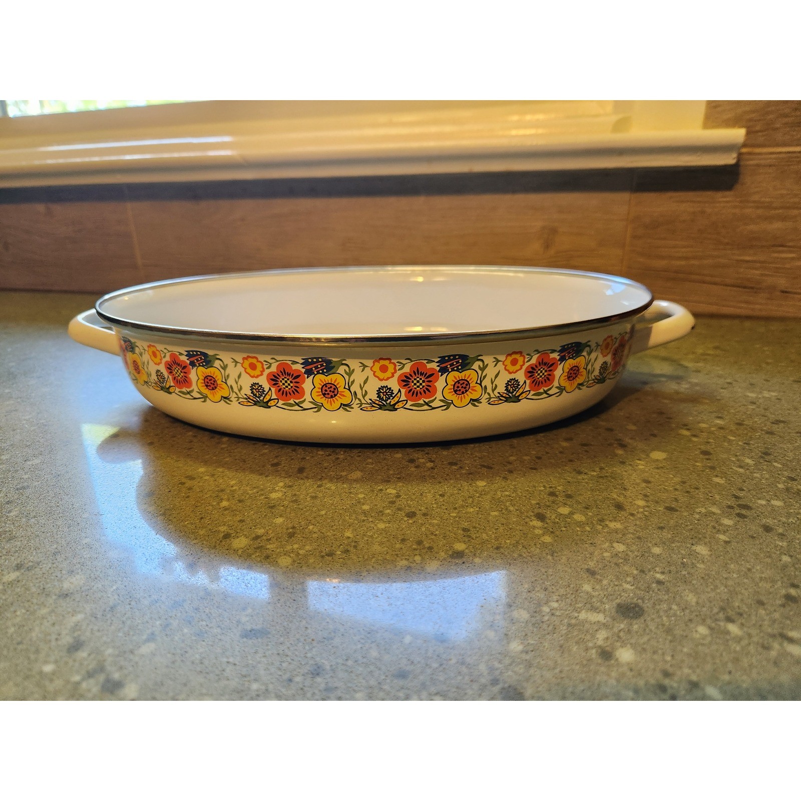VTG 60s 70s Mid Century Crowning Touch Floral Enamel Oval Roasting Pan No Lid