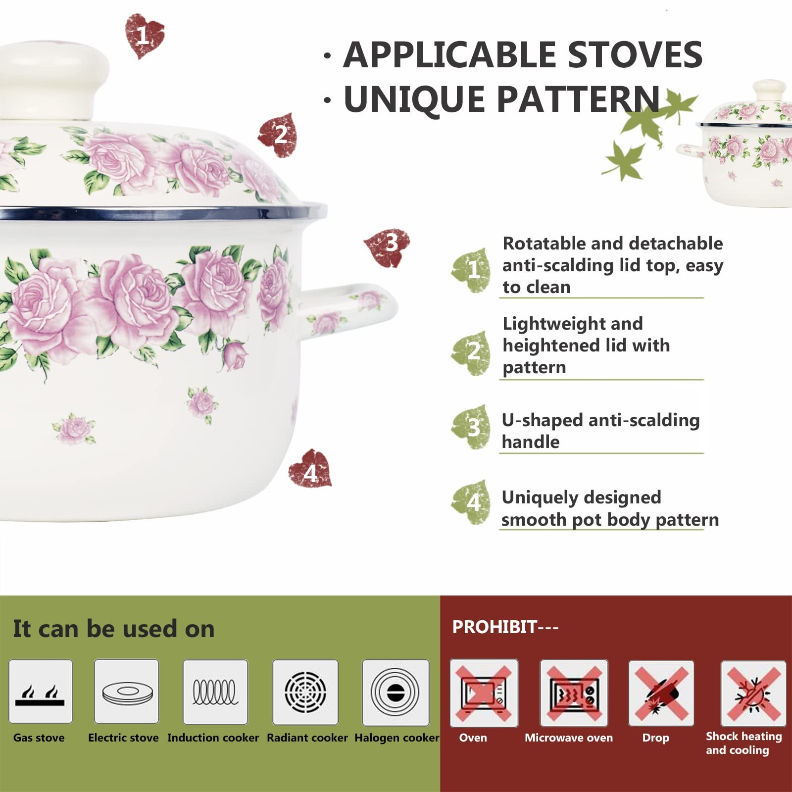 Retro Flower Enamel Stockpot with Lid,Stockpots for Cooking Rose pink -3QT