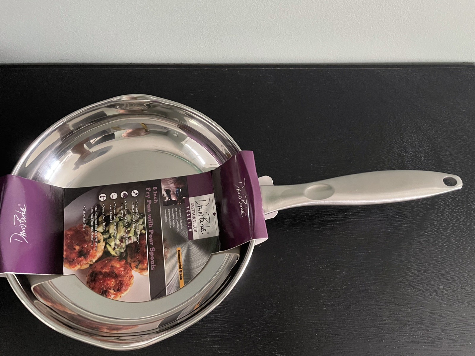 David Burke Regency 8 Inch Stainless Steel Fry Pan W Pour Spouts Up to 400F NEW