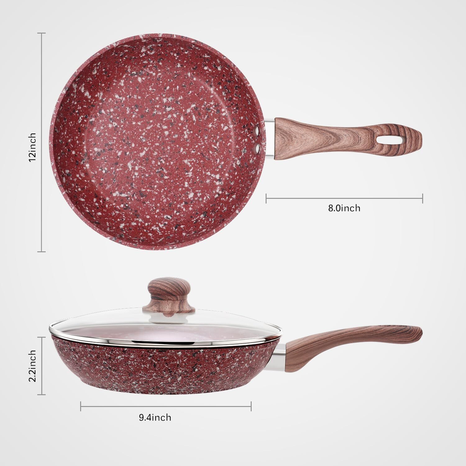 Red Granite Non-Stick Pan with Lid, Classic Pan with Non-Toxic Non-Stick Coating