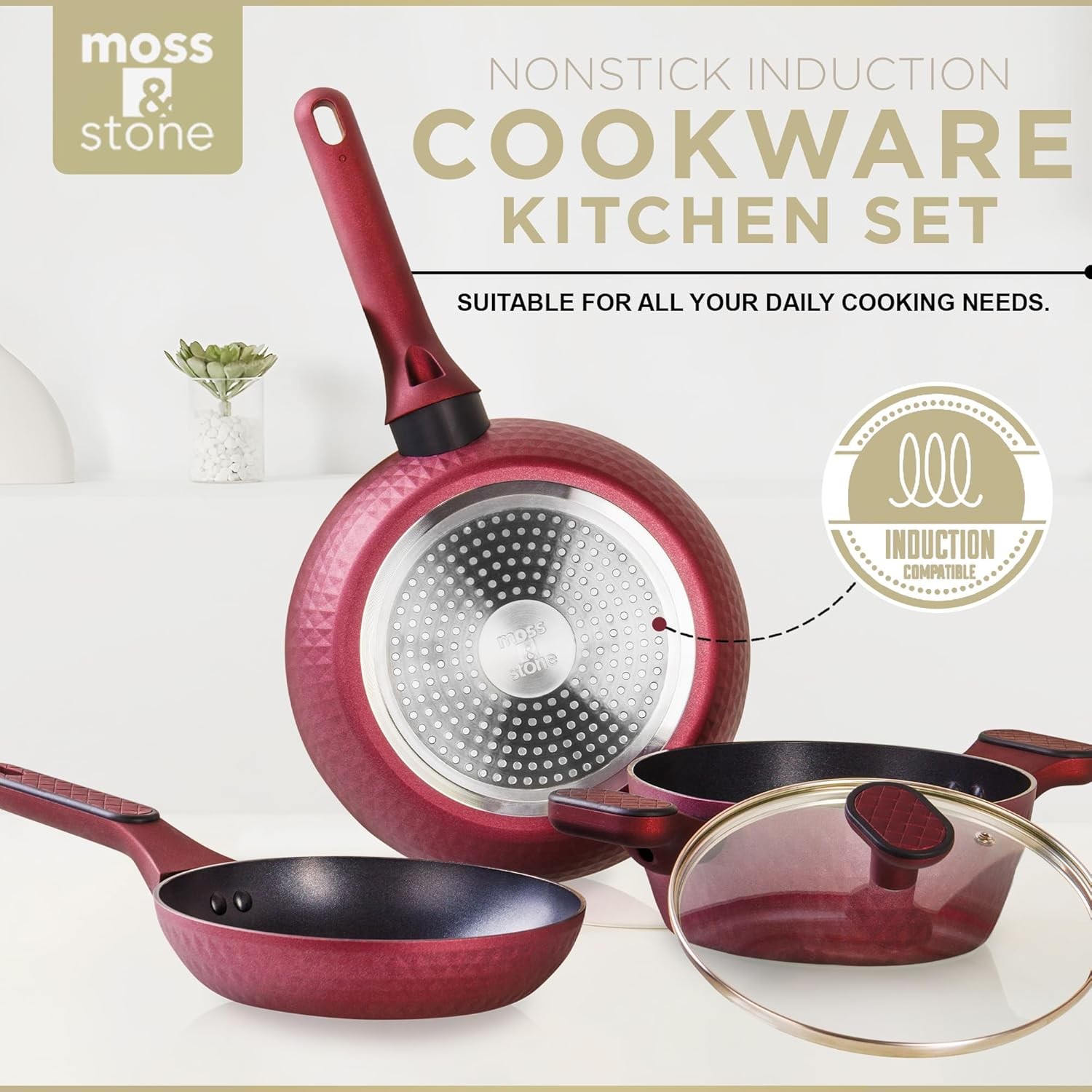 Moss & Stone 4 Piece Nonstick Cookware Set, Small Pots And Pans Set Non stick Wi