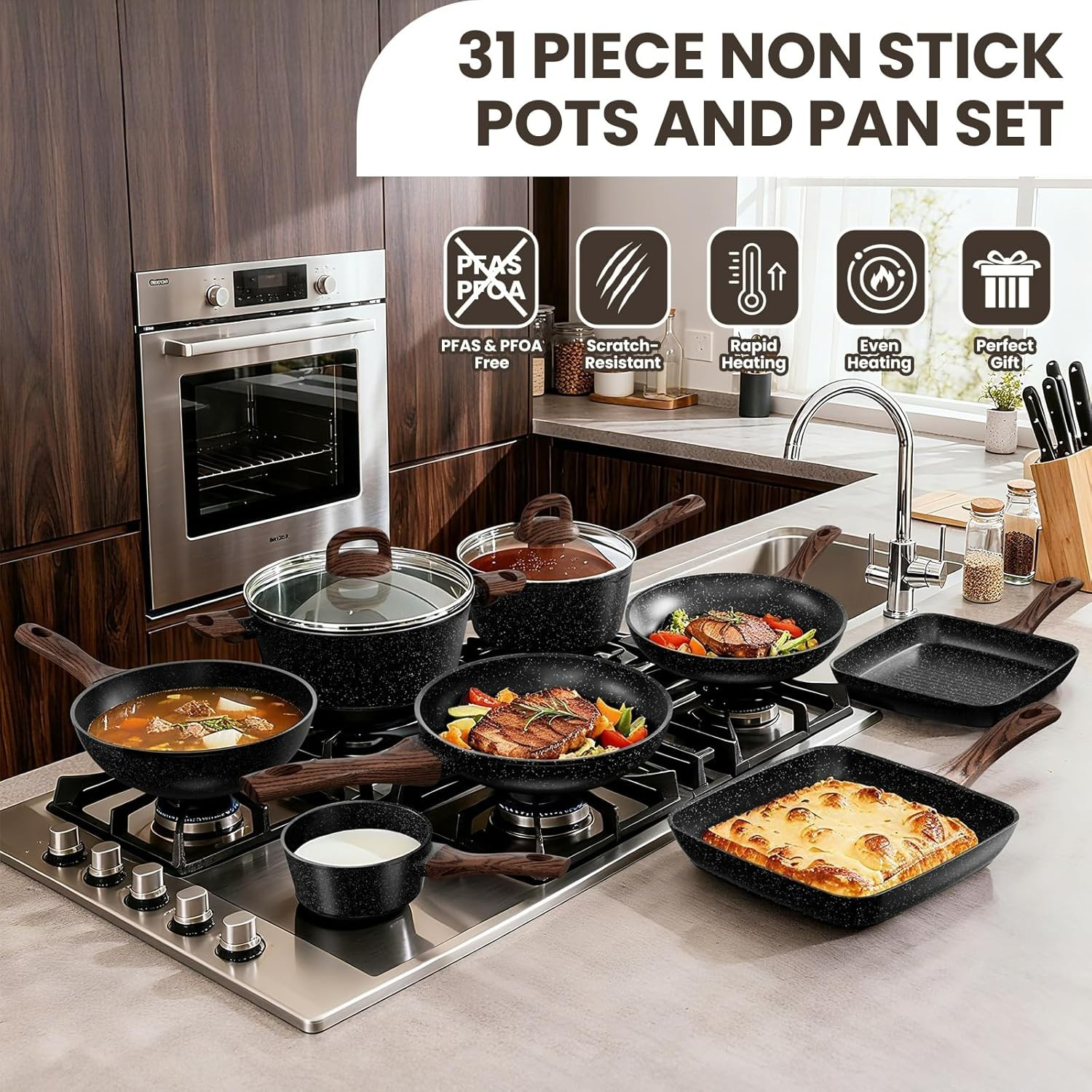 Pots and Pans Set Non Stick, 31 Piece Kitchen Induction Cookware & Bakeware Set