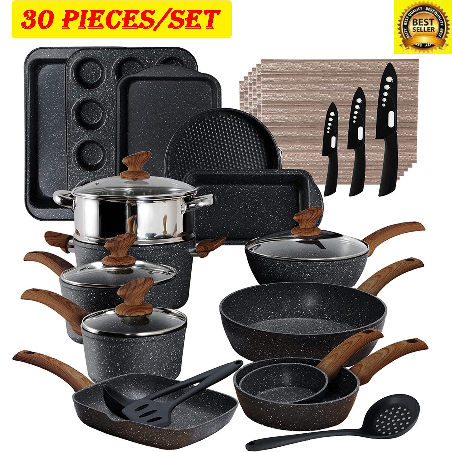 30 Pieces Cookware Set Nonstick Granite Coated Pots and Pans Set Bakeware Set