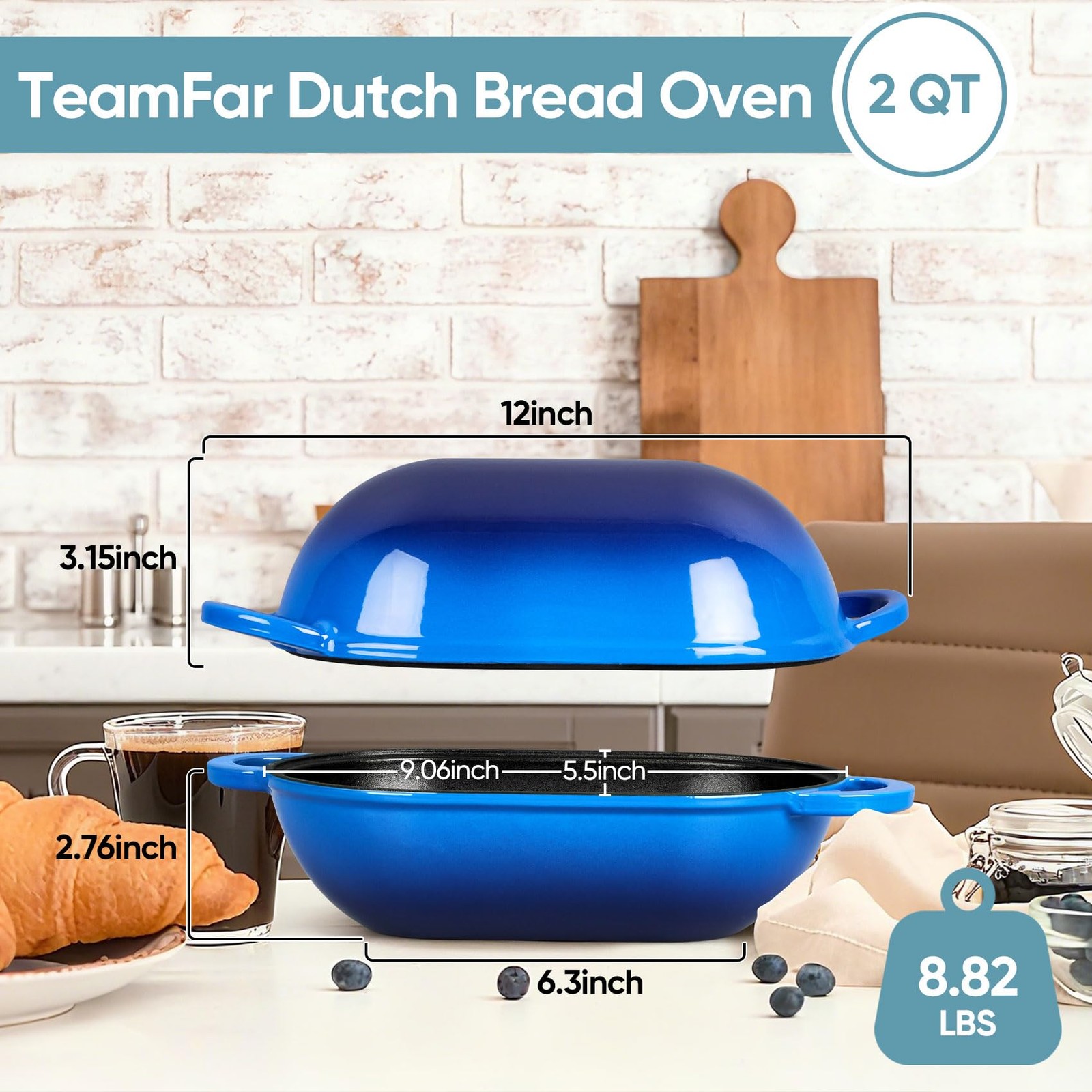 TeamFar Enameled Cast Iron Bread Loaf Pan, 2 QT Oval Dutch Oven with Lid for Sou