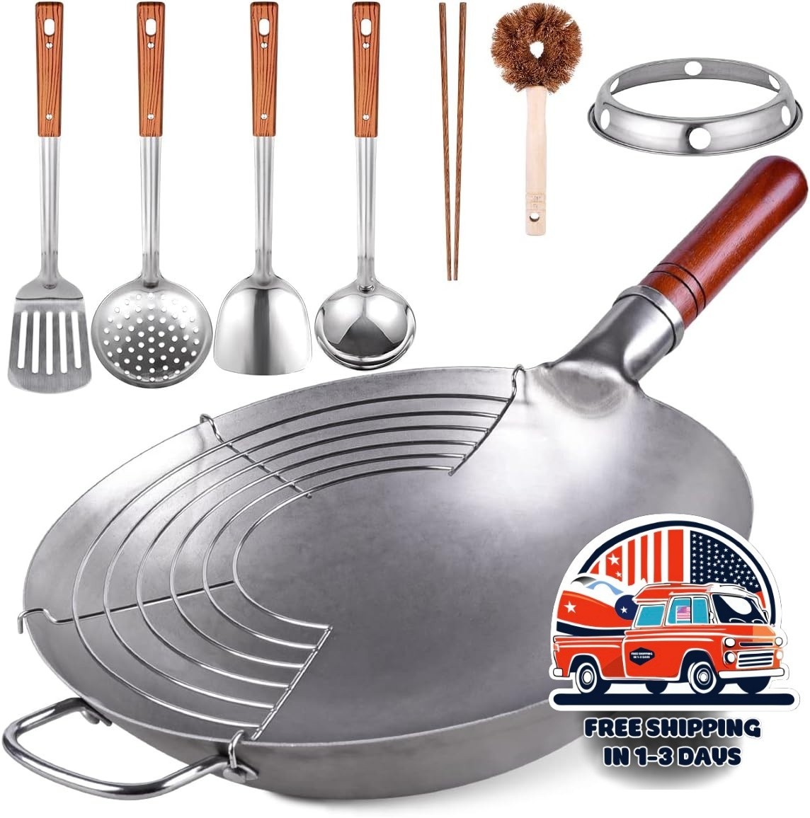 Juego De Wok Chino De Fondo Redondo De 13.4″ Con 8 Piezas De Accesorios De Cocin