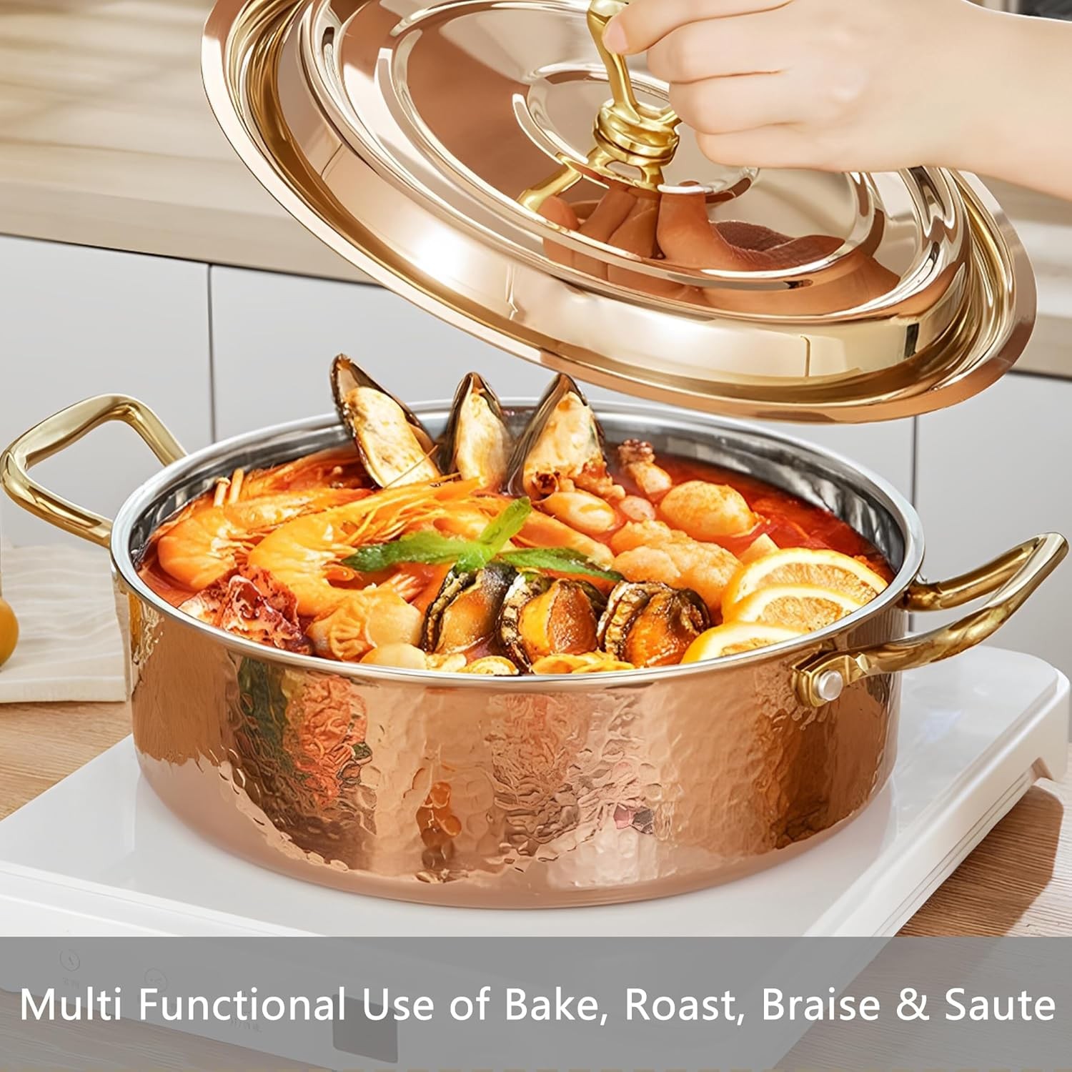 6.7QT Hmered Sto Pot with Lid, Copper Rose Gold, Tri-Ply Stainl