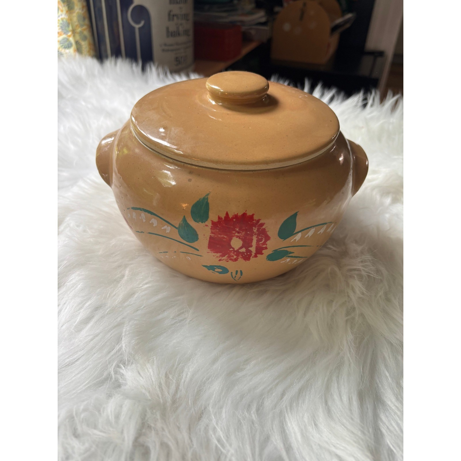 Vintage USA Stoneware Bean Pot Lidded Crock Tan Red Floral Hand Painted