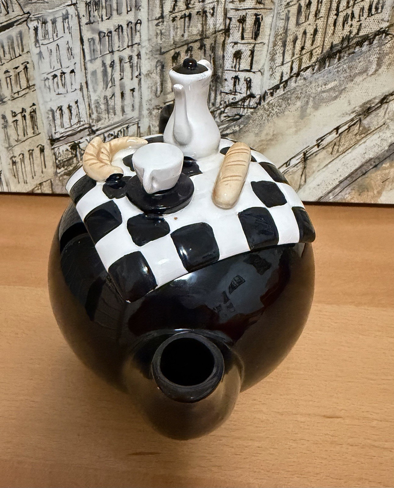 Vintage Black Teapot Checkerboard Estia Gourmet 32 oz. New Without Box.