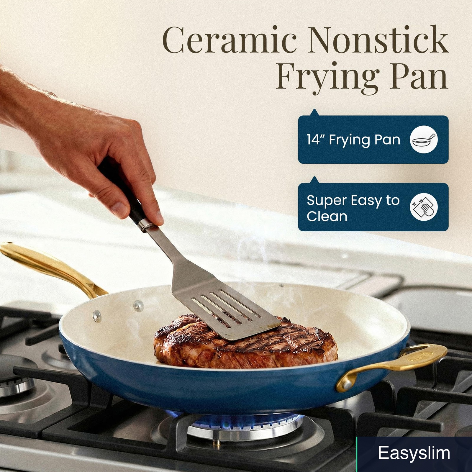Frying Pan, 14 Inch, Ceramic Nonstick, Cream Navy, Oven Safe 500°F