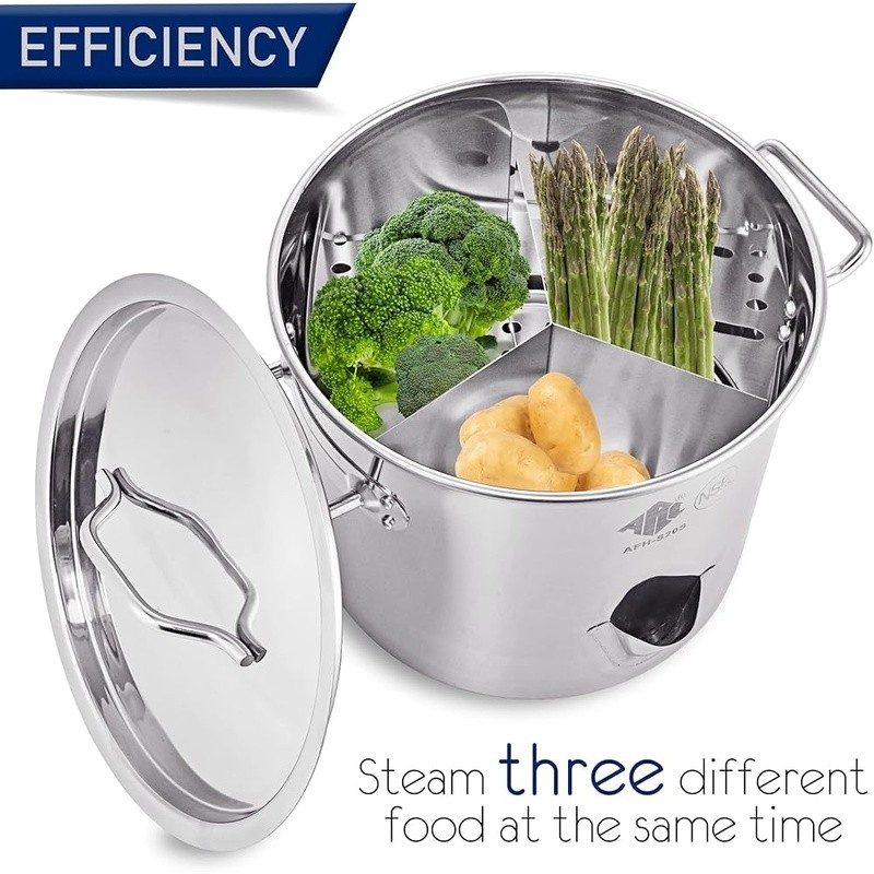 Premium Stainless Steel Vegetable Steamer W/ Spout Dividers & Steamer Rack New