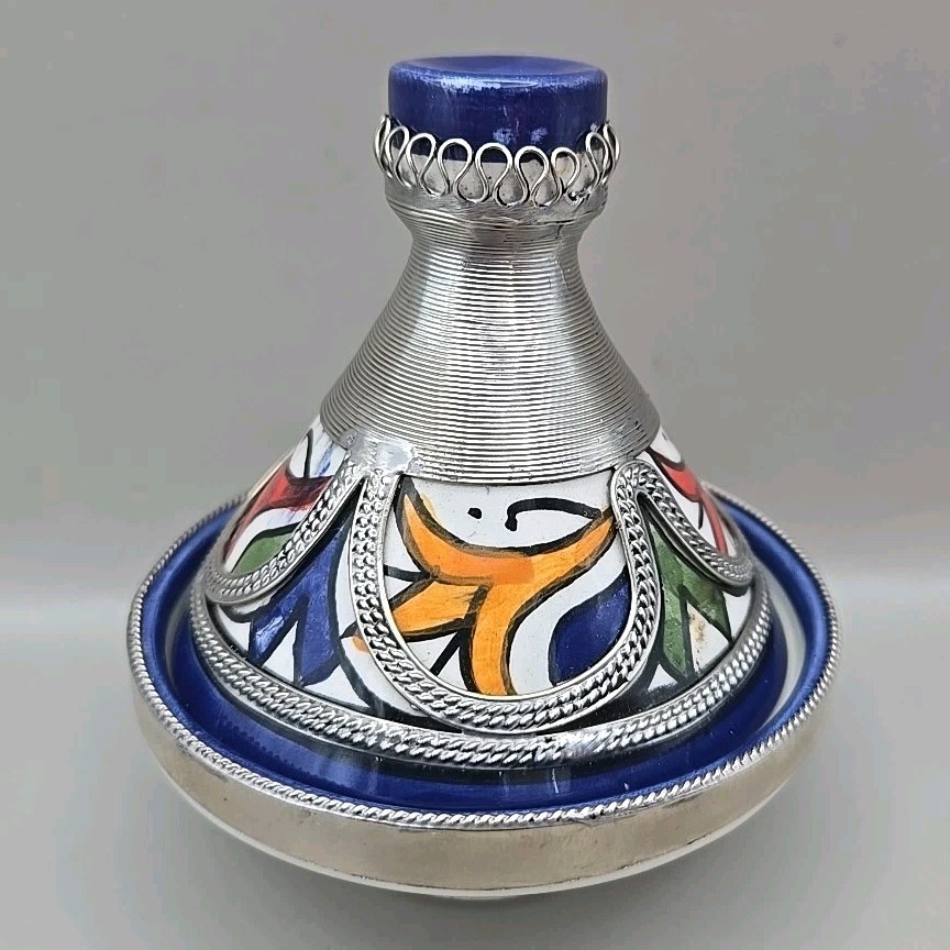 Mini 4″ Moroccan Ceramic Tagine Dish Bowl Silver-Tone Metal Accents Signed