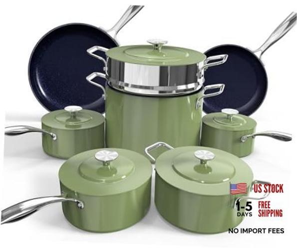13pc Forged Lightweight Cookware Set PFAS Free, Healthy G10 Avocado Lux