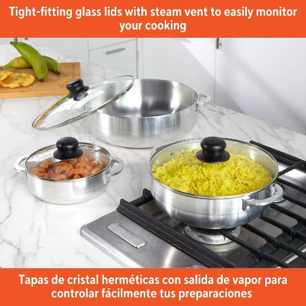 IMUSA 3pc Basic Caldero Set with Glass Lid: Aluminum Cookware, 6-Piece, Electric