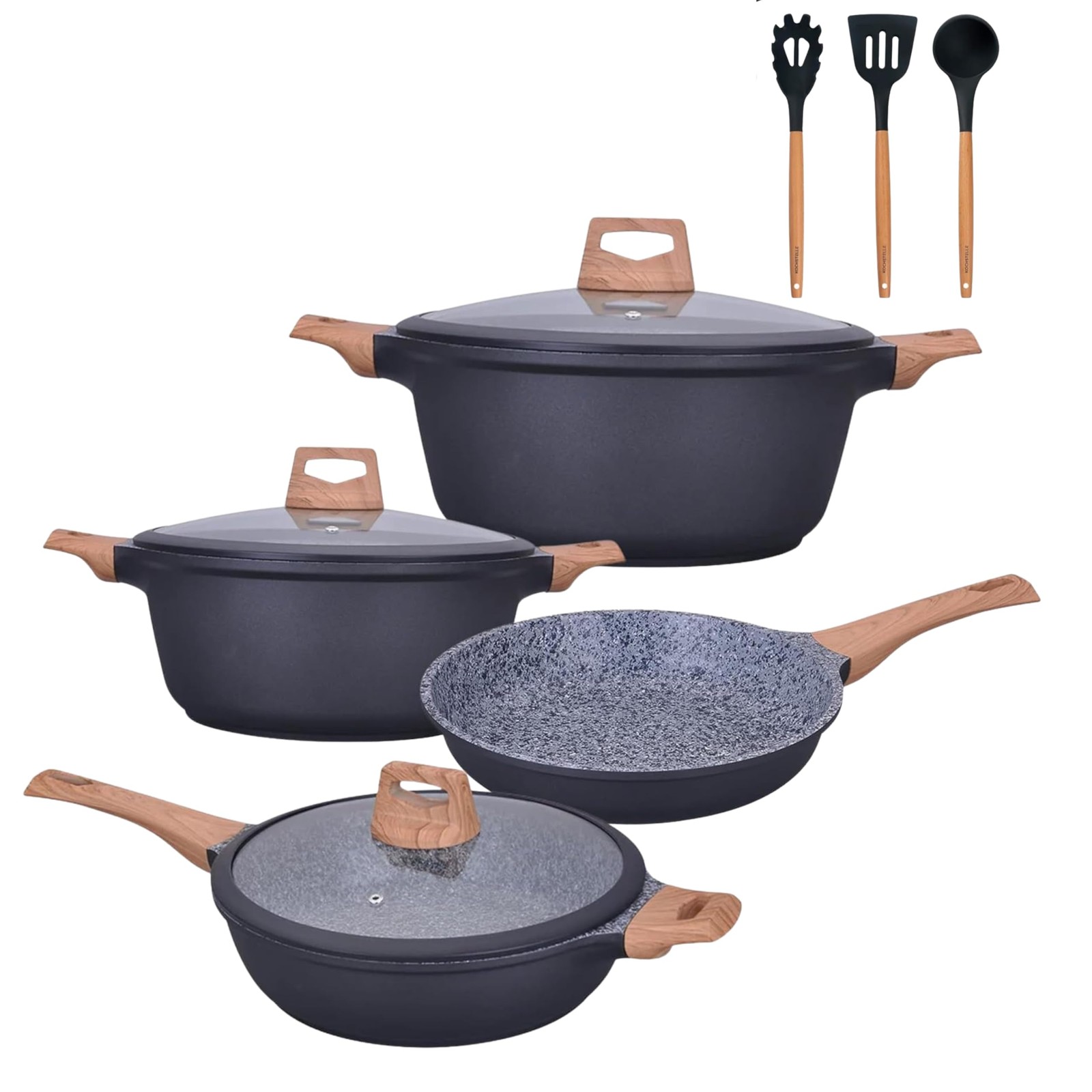 10pcs Pots and Pans Set Nonstick with Wood Handles, Granite Cookware Set, Fry…