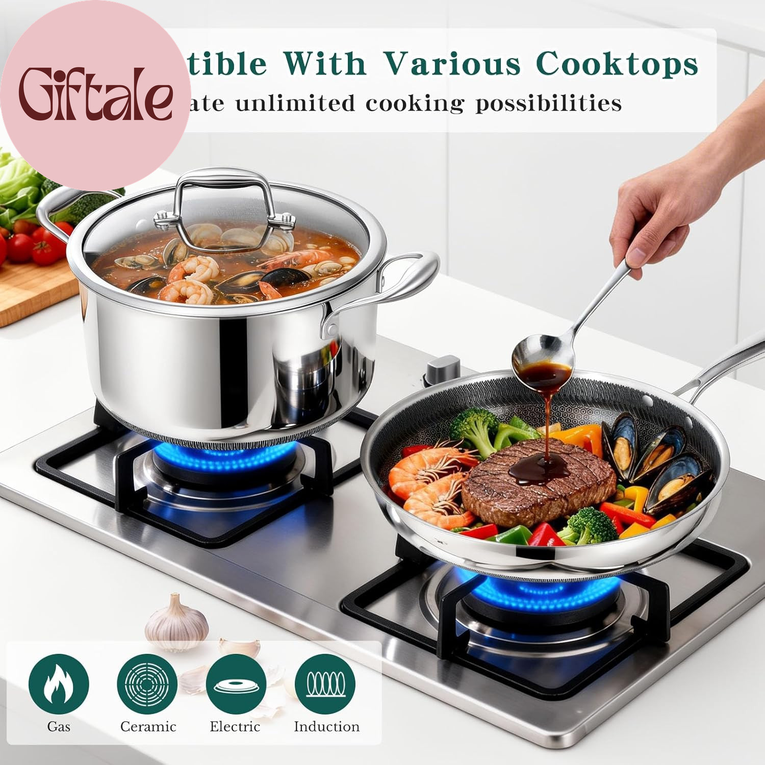 14 Piece Hybrid Stainless Steel Cookware Set Nonstick Pots and Pans