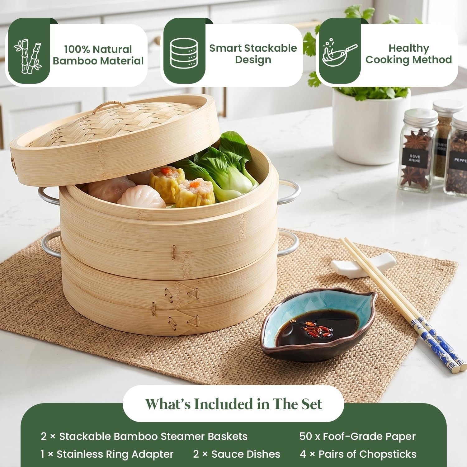 Lightweight Food Steamer Baskets Eco-Friendly Bamboo Steamer for Steaming