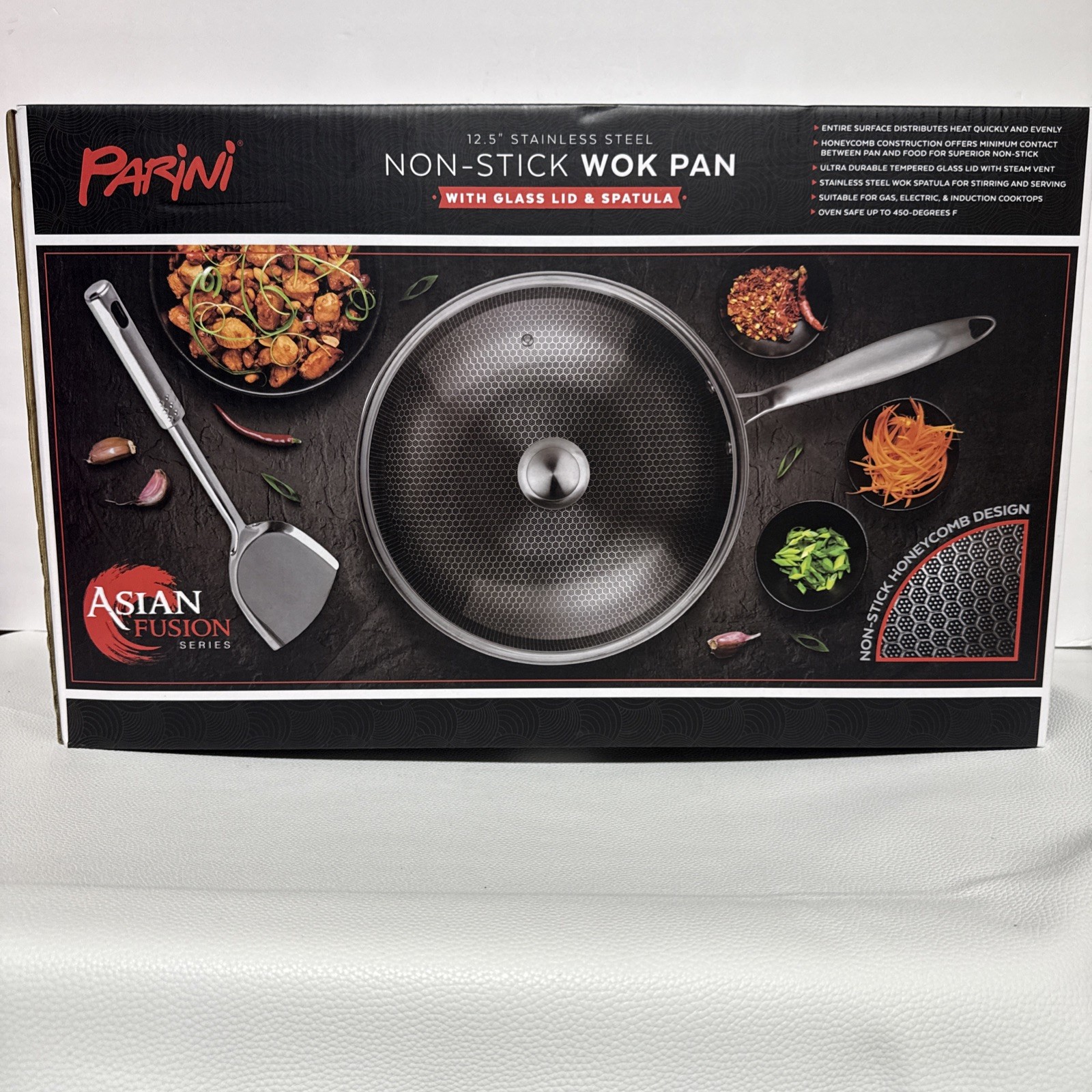 Parini 12.5″ Stainless Steel Non-Stick WOK with Glass Lid & Spatula New in Box