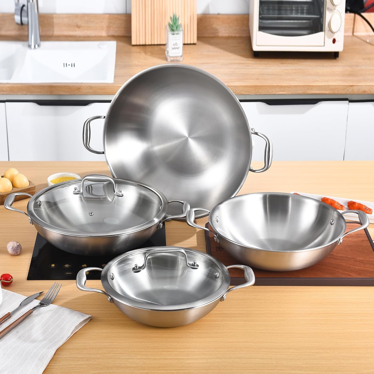 10 Inch Tri-Ply Stainless Steel Wok Pan with Lid,2.5 QT Induction Cooking Pot…