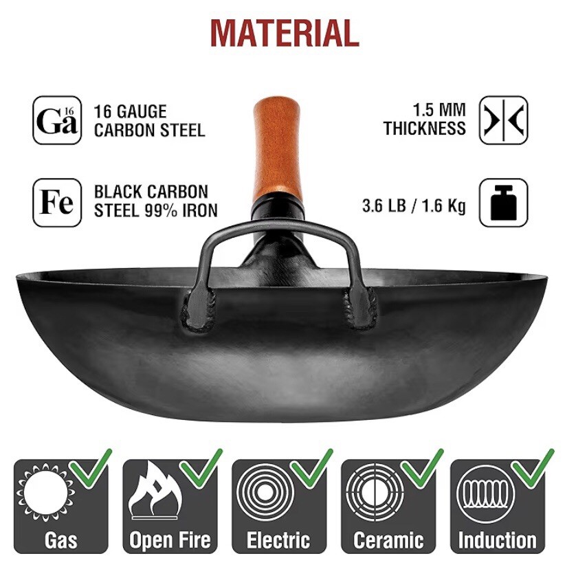 YOSUKATA Black Carbon Steel Wok Flat Bottom Pan Pre-Seasoned 13.5″/34cm NEW