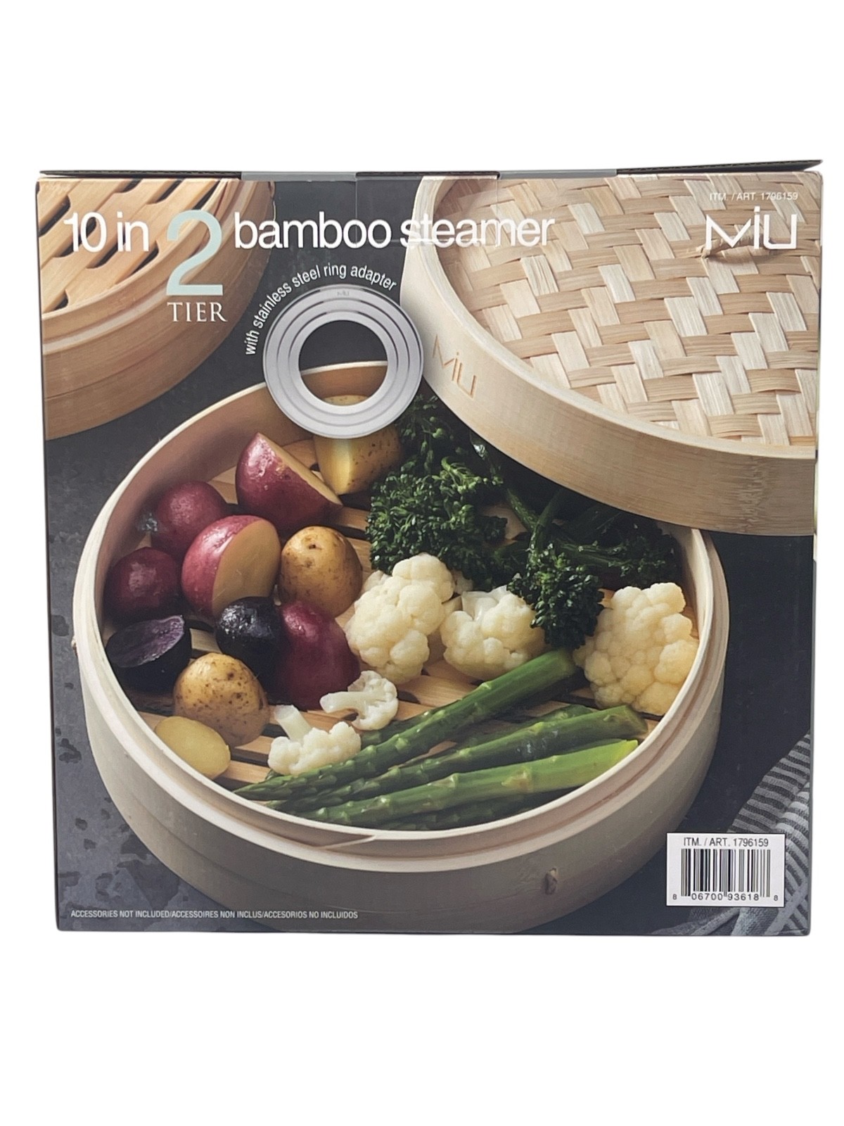 MIU 10″ 2-Tier Bamboo Steamer Basket With Stainless Steel Ring Adapter Dim Sum
