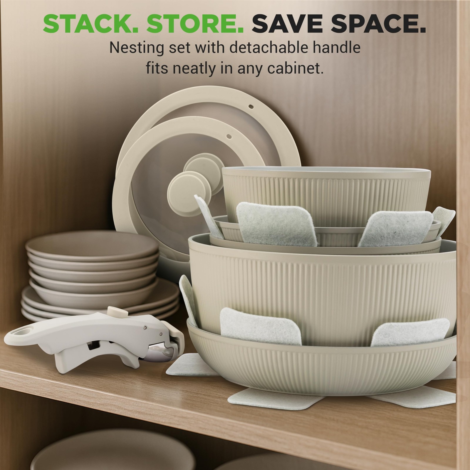 NutriChef 18-Piece Ceramic Cookware Set with Detachable Handles – Green