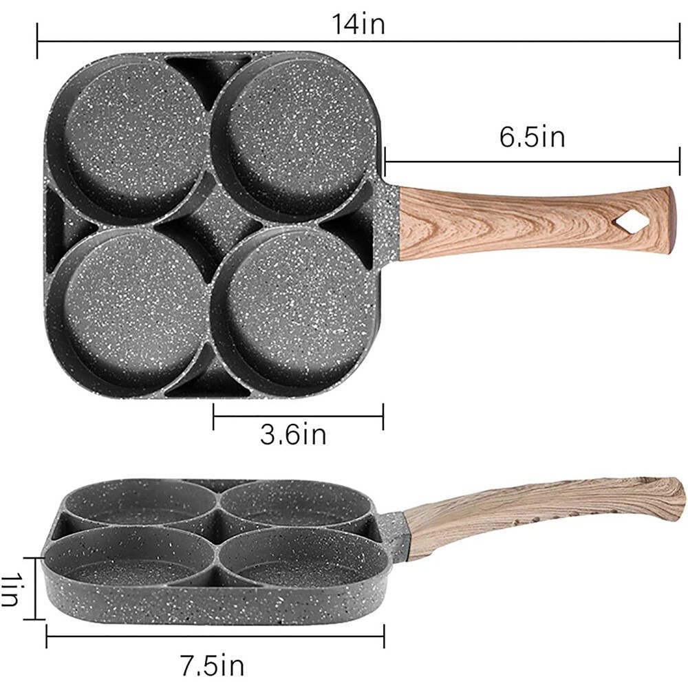 4 Holes Egg Fry Pan Pancake Maker Non-stick Egg Hamburger Pan W/ Wooden Handle