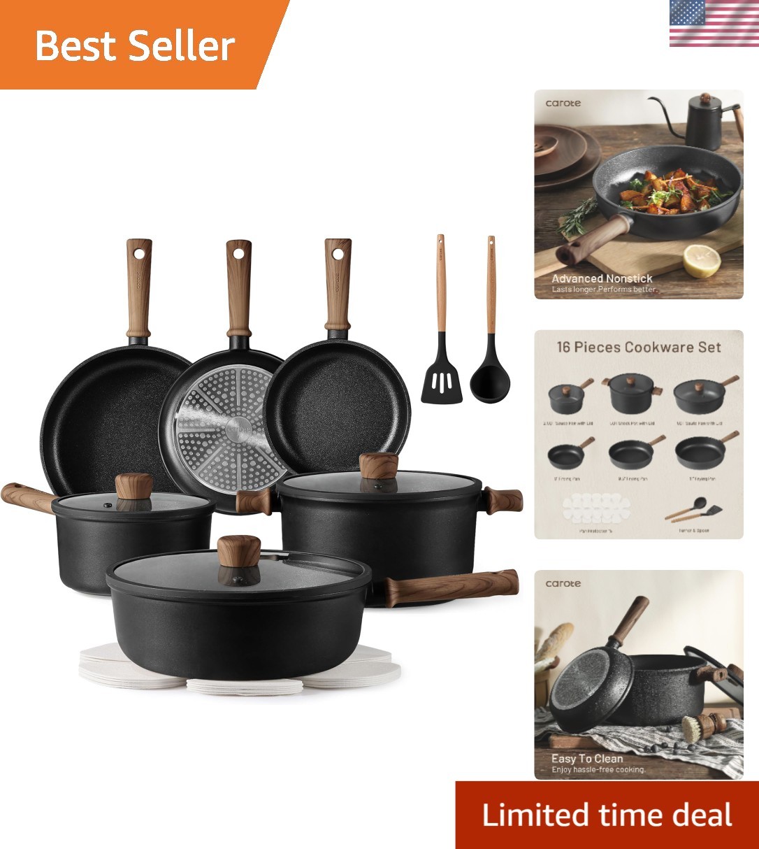 Nonstick Cookware Set 16pcs Induction Frying Pan Pots Oven Safe Black