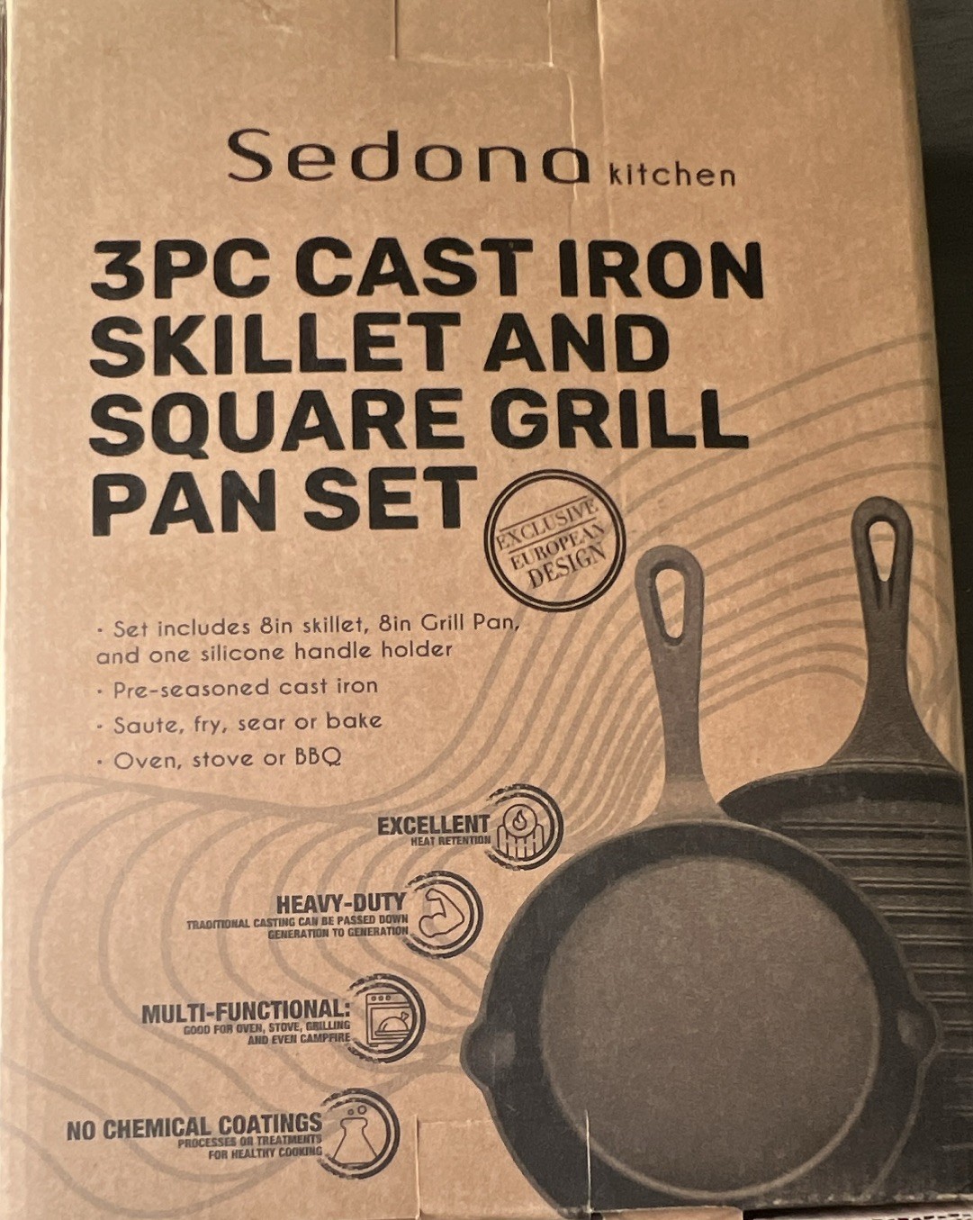 Sedona kitchen 3PC Pre-Seasoned Cast Iron 8in Skillet & Square Grill Pan